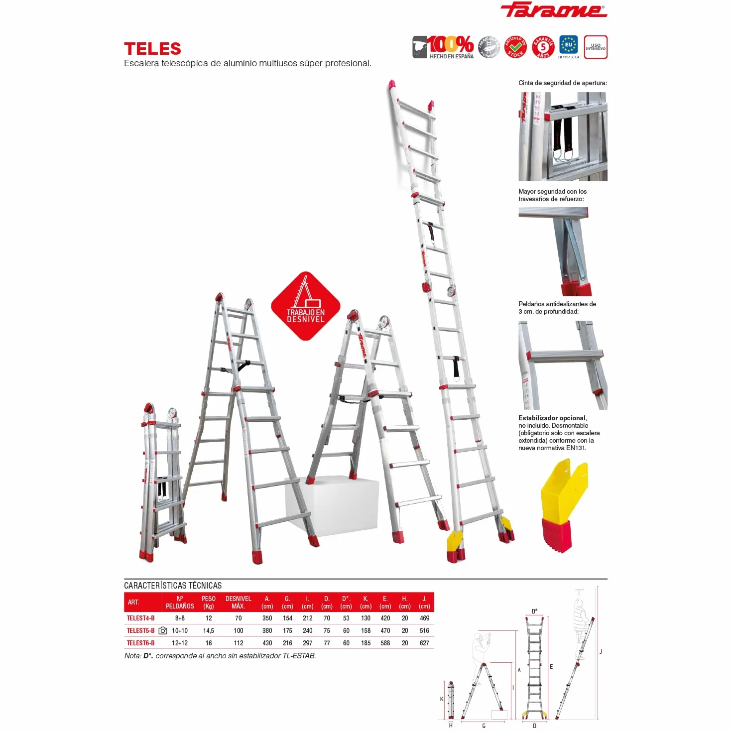 Faraone - Wielofunkcyjna drabina aluminiowa - drabina teleskopowa TELES.T4B - 130 x 53 x 20 cm - 8 + 8 stopni - regulowana wysokość - bardzo wytrzymała i stabilna szara