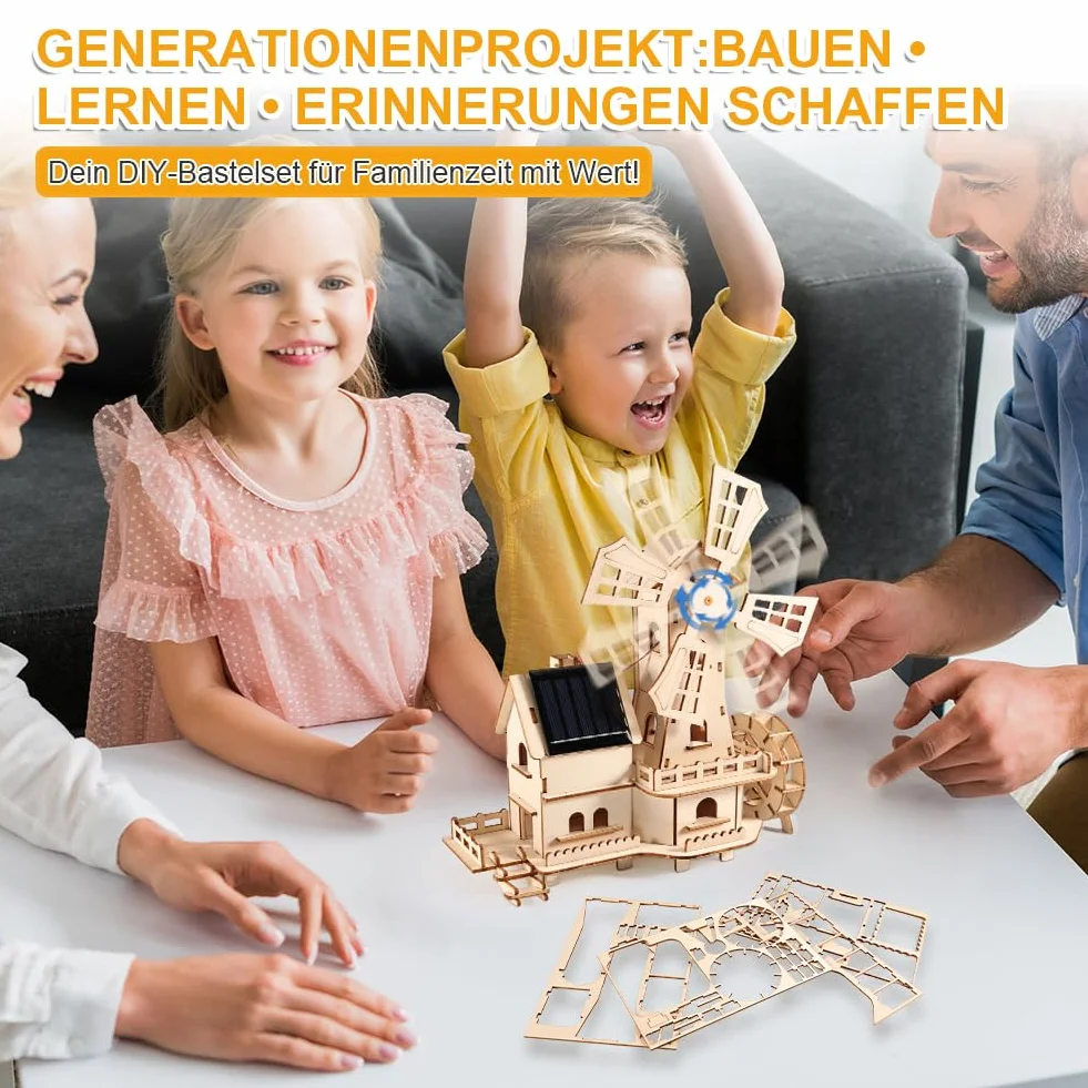 3D puzzle drewniane Dom z wiatrakami solarnymi - zestaw do majsterkowania DIY dla dorosłych - zestaw budowy modelu z obracającą się turbiną wiatrową zasilaną energią słoneczną | W tym