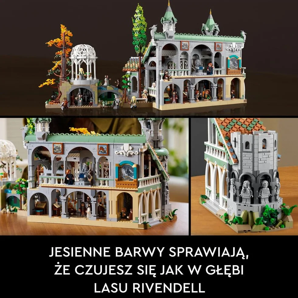 LEGO 10316 Icons WŁADCA PIERŚCIENI: RIVENDELL, duży zestaw klocków konstrukcyjnych dla dorosłych z 15 minifigurkami, w tym Frodo, Sam i Bilbo Baggins, replika Rivendell, pomysł na prezent