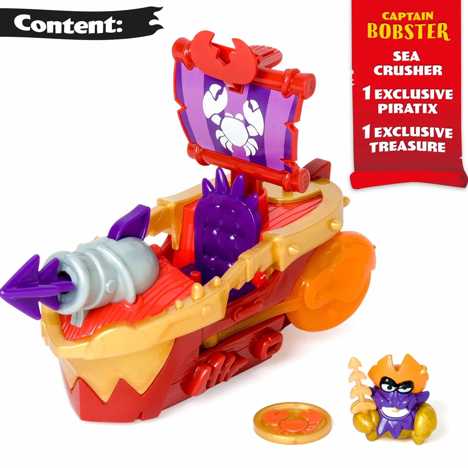 PIRATIX ADVENTURE WORLD Sea Crusher – Statek piracki w kształcie kraba. Zawiera 1 Statek Piratów, 1 ekskluzywny Piratix, 1 Ekskluzywny Skarb, 1 Akcesoria, 1 lufa i 1 pocisk