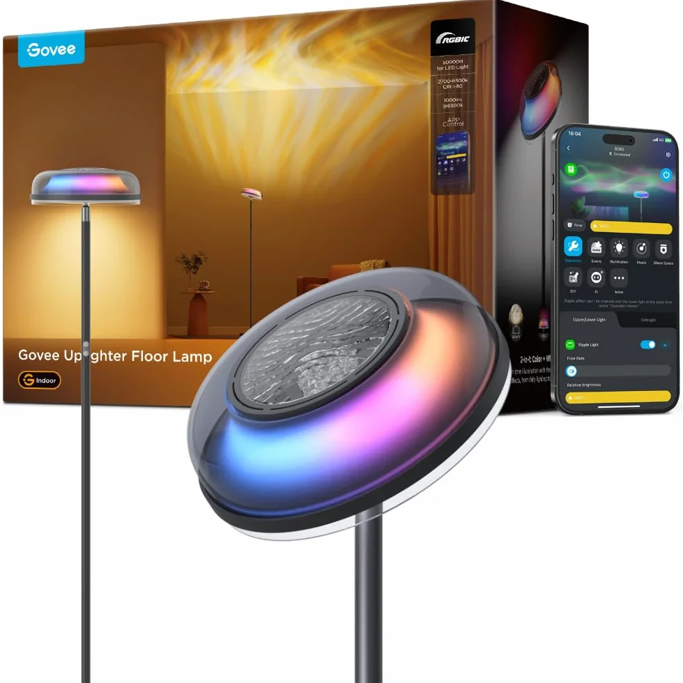 Govee Uplighter Lampy podłogowe niezależne od trzech stref, RGBIC ciepłe i zimne białe falowane oświetlenie lampa działa z Matter i Alexa, 80+ trybów sceny, 1000 lm, 2700-6500 K, idealna do salonu