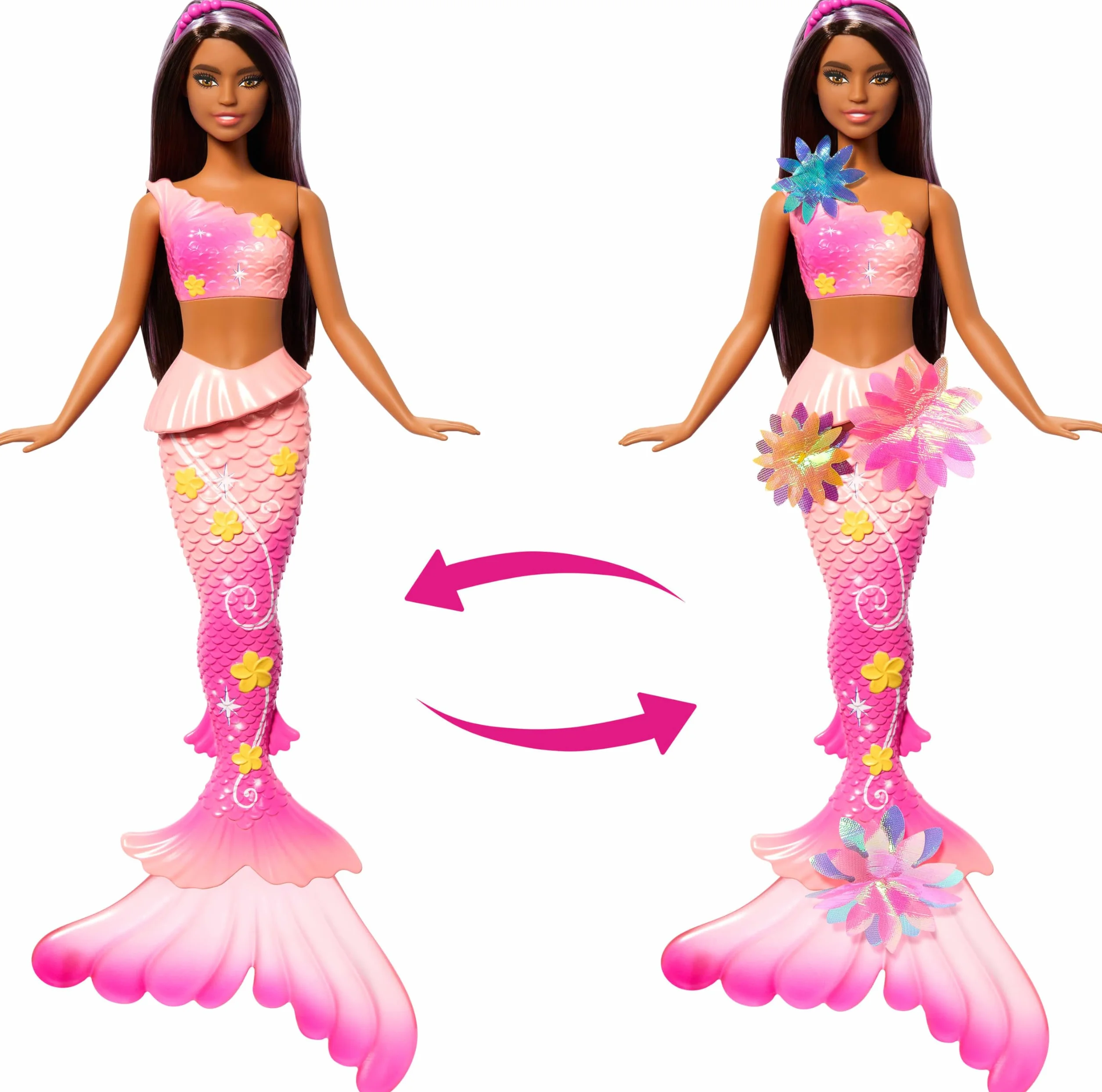 Barbie Syrenka Rozkwitające kwiaty Lalka JDM73 z długimi brązowymi włosami, fioletowymi pasemkami, ogonem ombre i perłową opaską