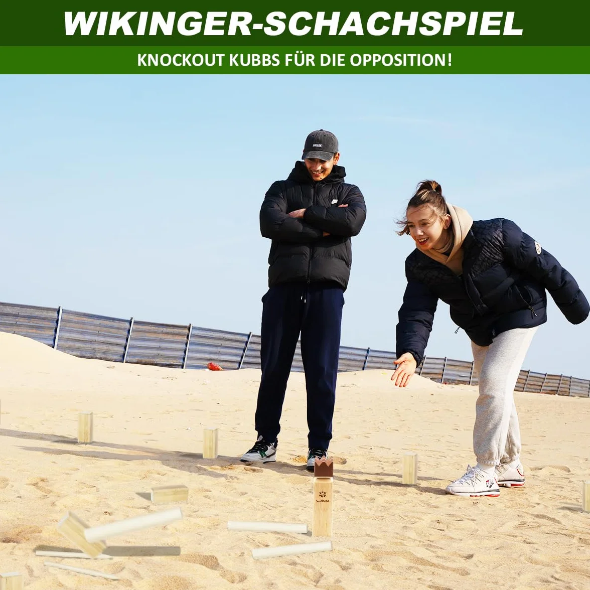 SunNordic Kubb gra rzucania Wikingów, szwedzka gra szachowa z drewna gumowego, torba i instrukcja