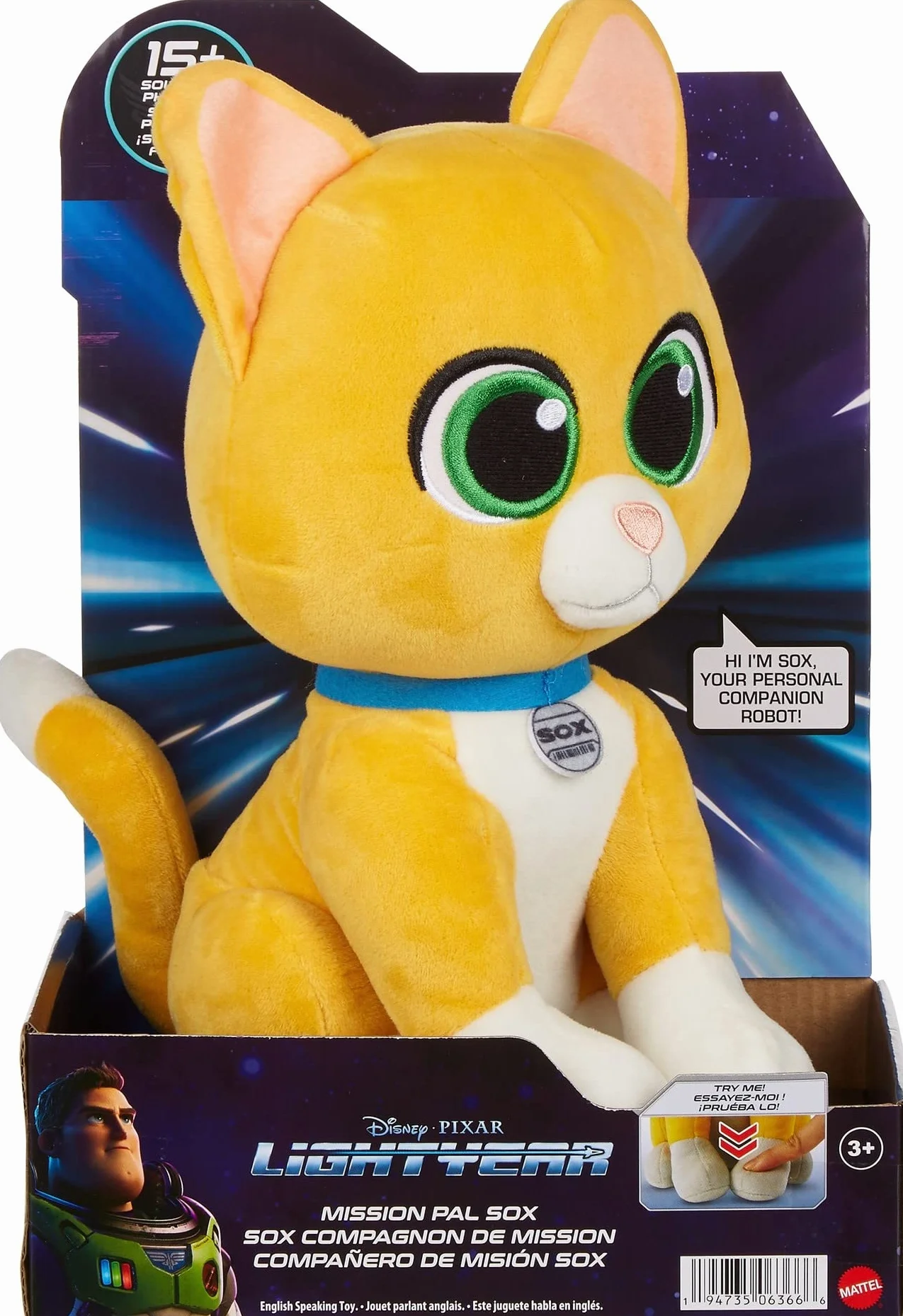 Mattel Disney i Pixar pluszowa gadająca zabawka, Lightyear Mission Pal Sox miękki kot inspirowany filmem, funkcja dźwięku w języku angielskim
