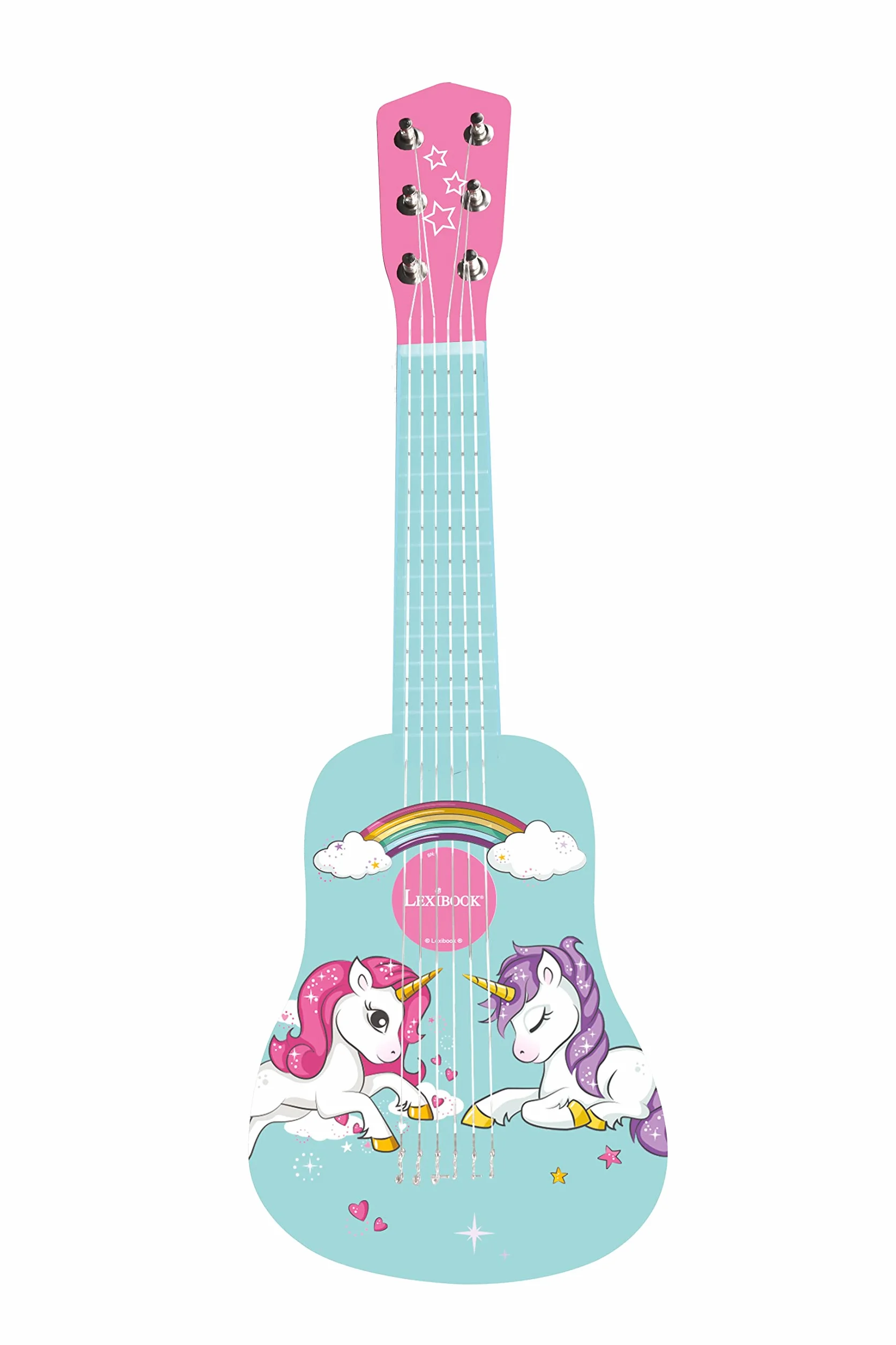 Lexibook Drewniana Gitara Jednorożec, 6 Strun, 53 cm, Przewodnik w Zestawie, Różowy, Niebieski, K205UNI