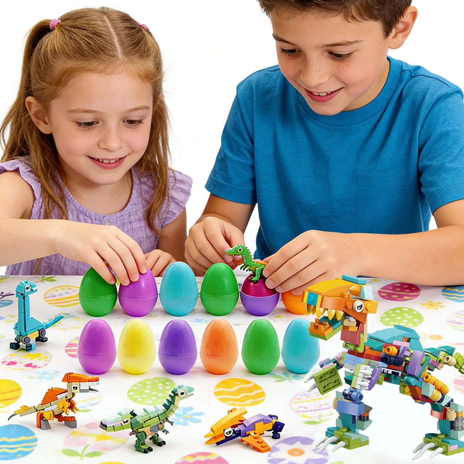 Zestaw 12 plastikowych jajek z klockami dinozaurów na wielkanocne kosze, zabawki edukacyjne, nagrody, niespodzianki na imprezy