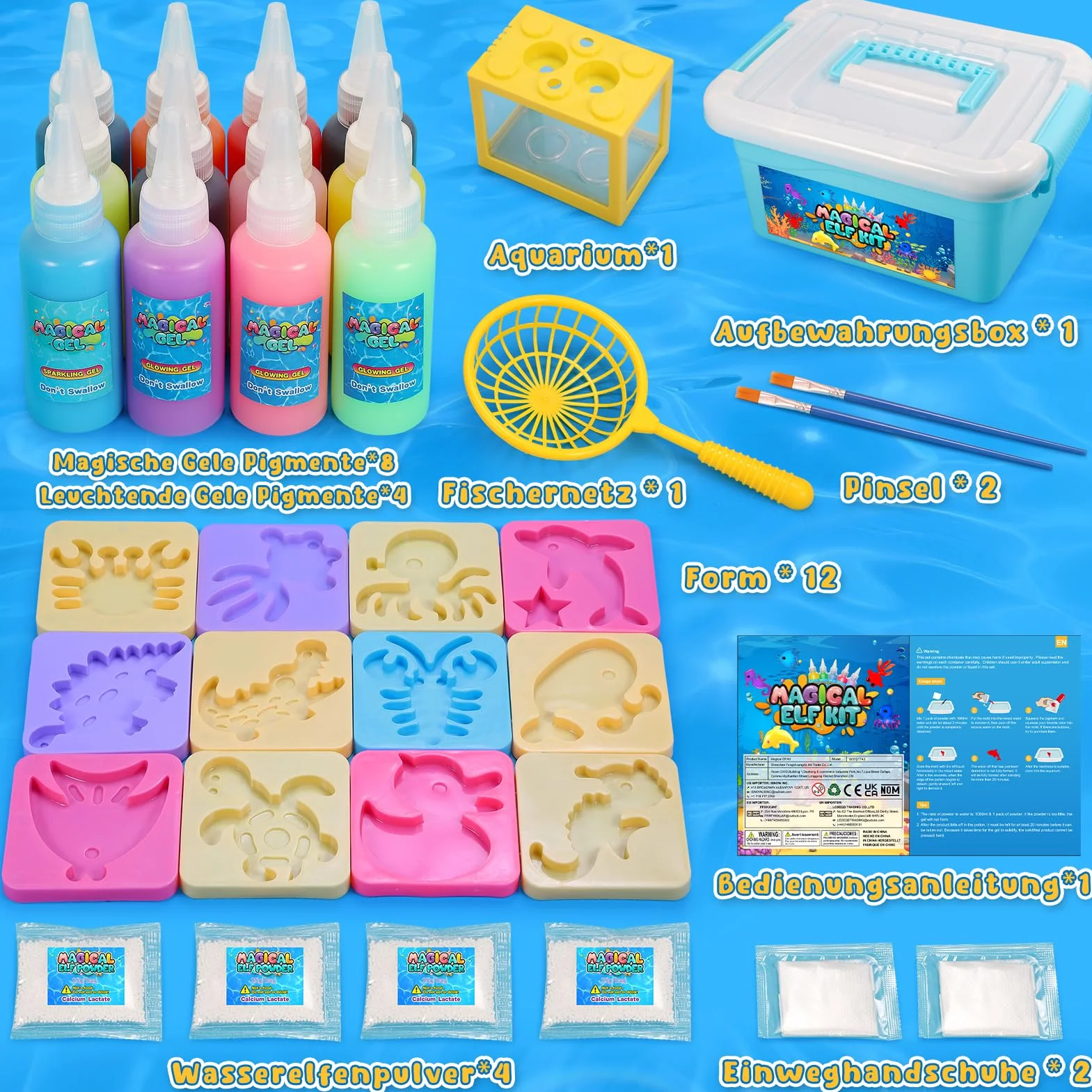 Magical Water Elf Kit – zestaw żelu wodnego dla dzieci, 10 kolorów, wodny żel wróżkowy, z 12 formami zwierząt morskich, zestaw do przygotowywania dla dzieci w wieku 4, 5, 6, 7, 8 lat, 4 różne żele)