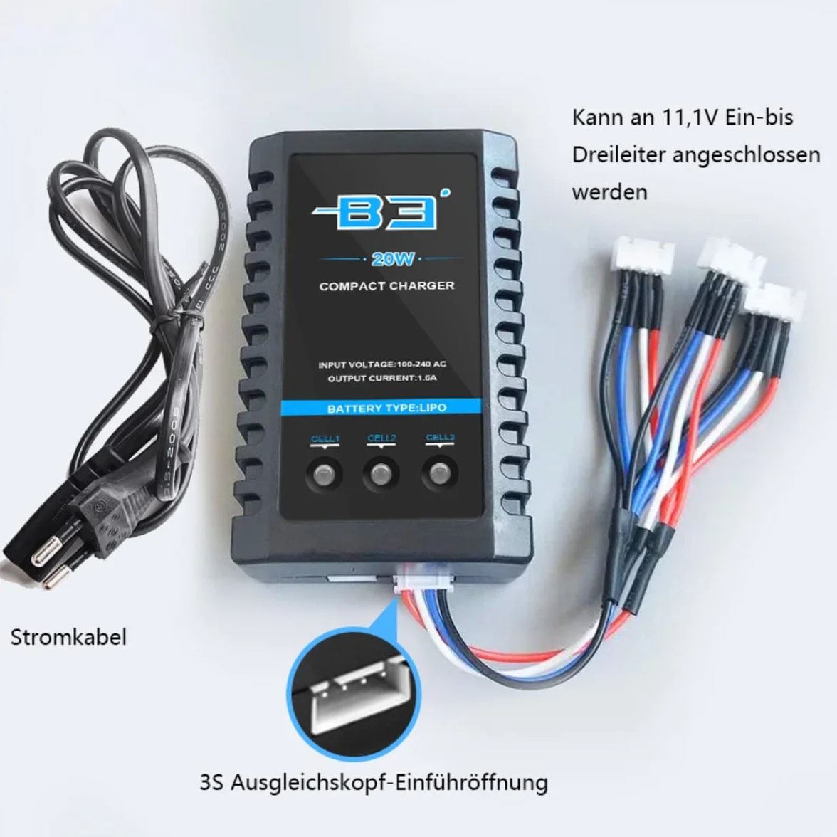 Cargador de batería B3 Lipo 2S-3S 7.4V-11.1V 100-240V para RC