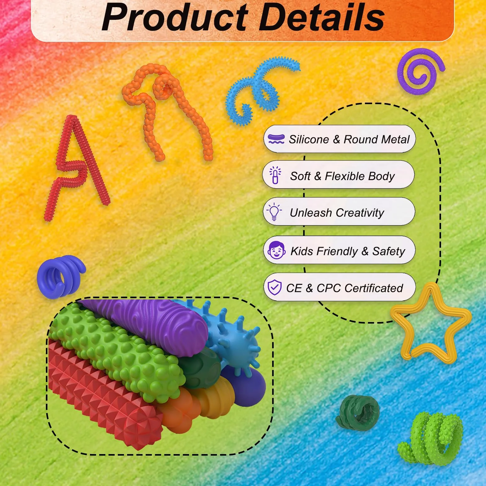 Fidget Toys 8 sztuk – teksturowany silikon Fidget sensoryczny Stick zabawka dla dzieci i dorosłych, zabawka łagodząca stres, prezent dla osób z autyzmem i ADHD