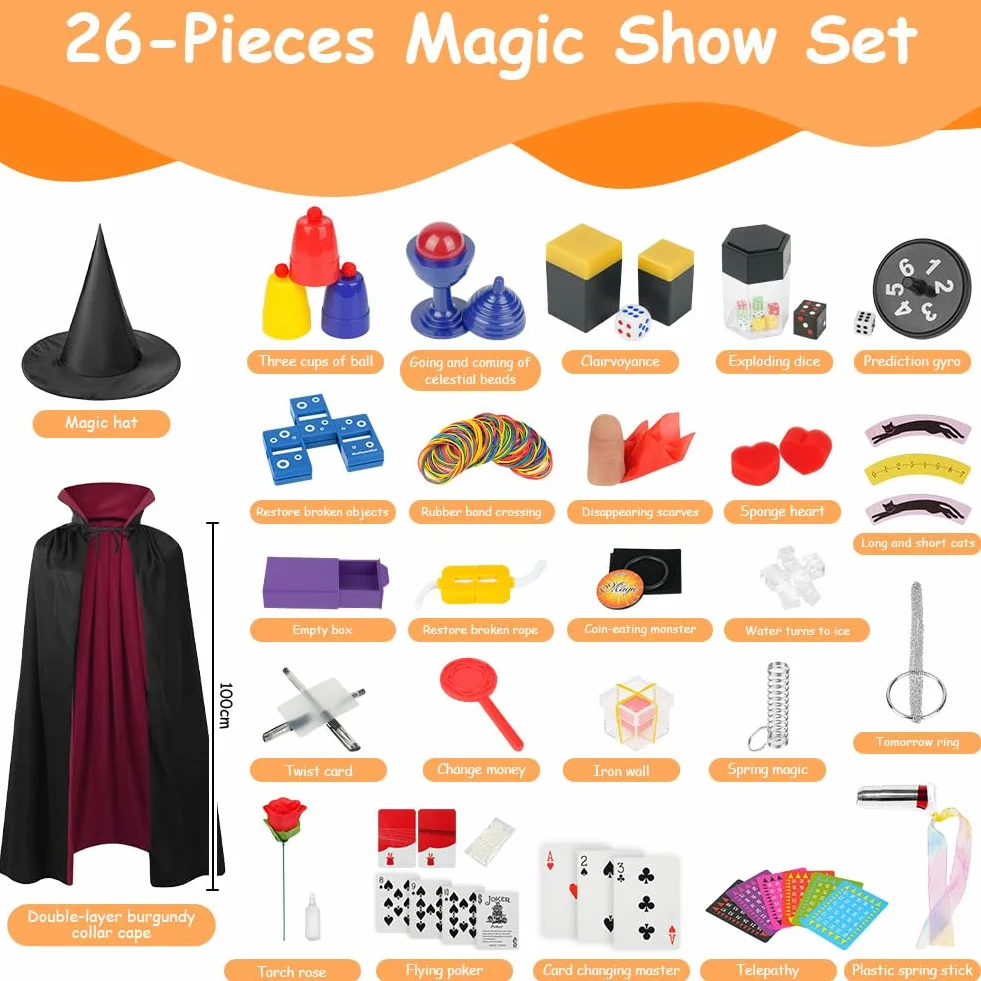 OSDUE Magiczne gry, 24 magiczne sztuczki dla dzieci, mały początkujący magiczna różdżka, zestaw magicznych sztuczek dla dzieci z magiczną peleryną i kapeluszem, prezent dla chłopców, dziewcząt