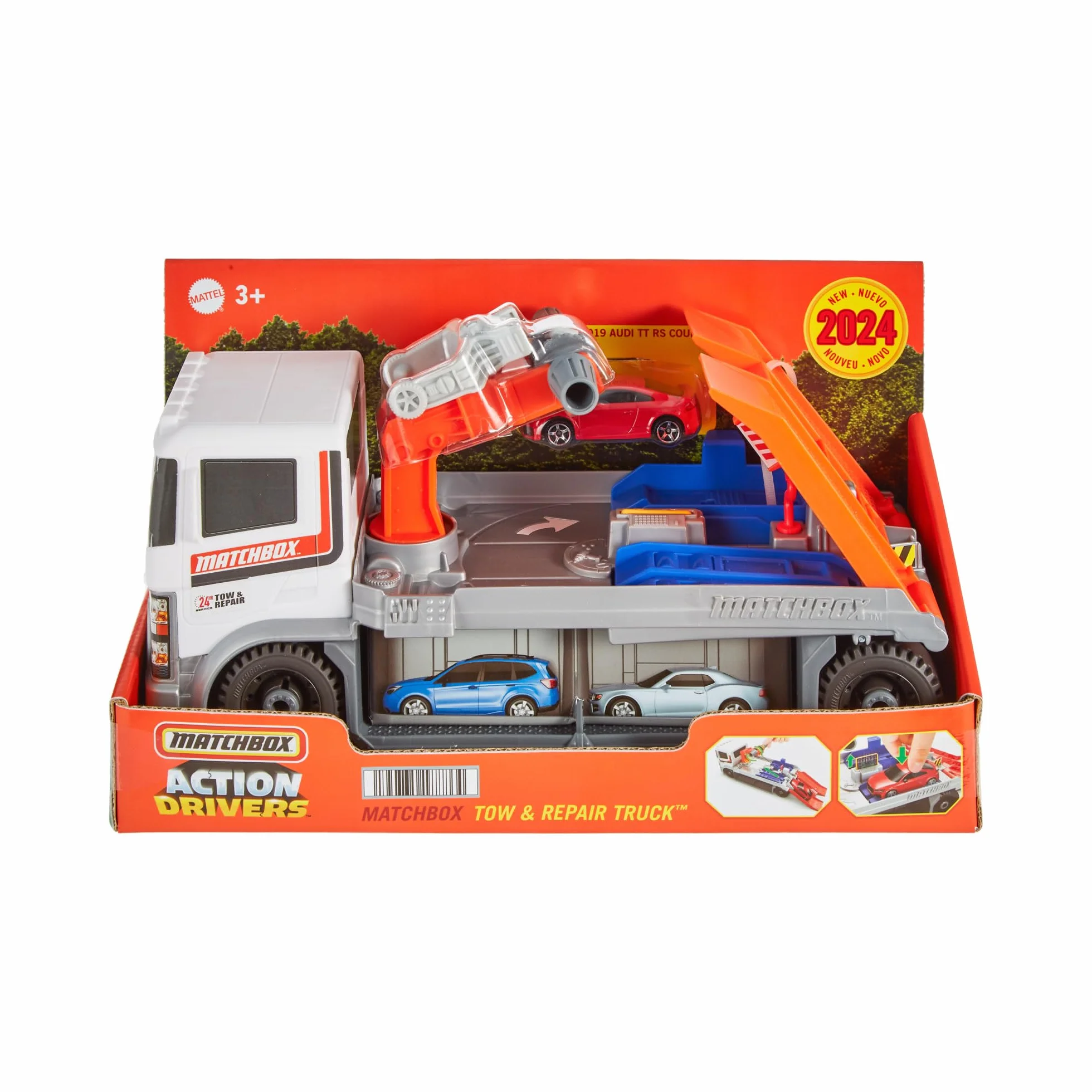 Matchbox HRY43 Prawdziwe Przygody Laweta Pomoc drogowa Zestaw z ciężarówką warsztatem Audi TT RS Coupe 1:64