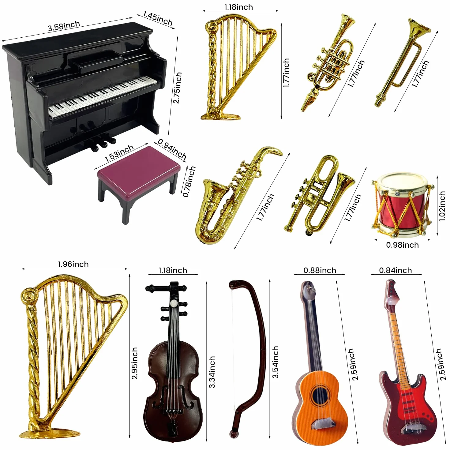 13 uroczych i ciekawych zestawów mini instrumentów muzycznych, modele z tworzywa sztucznego, np. gitary, fortepian, perkusja