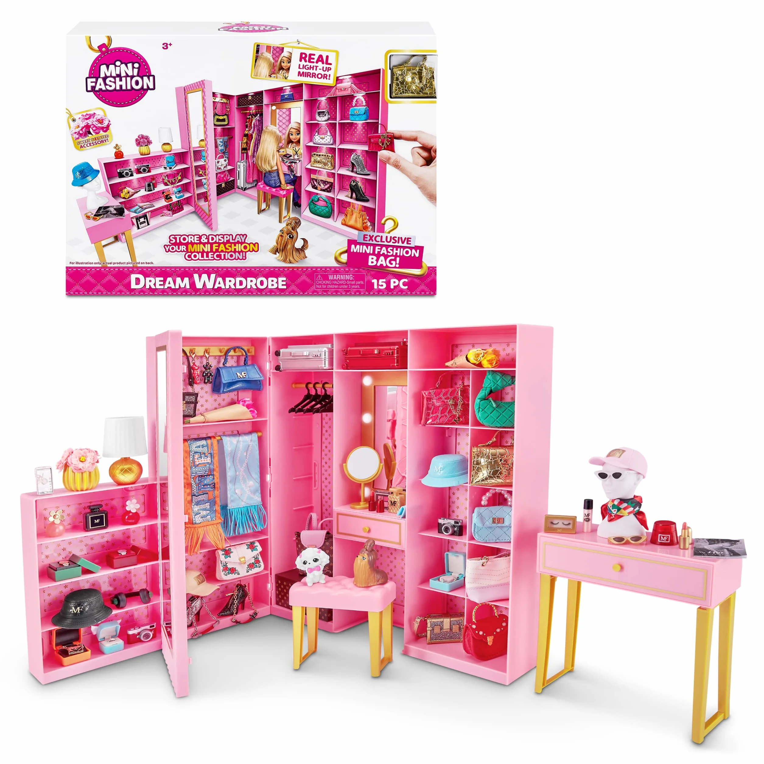 Mini Brands ZURU Mini Fashion Dream Wardrobe by ZURU z ekskluzywną metaliczną mini torebką modową i 25 obszarami do przechowywania akcesoriów do hold doll akcesoria prezent dla dziewcząt, Who Love
