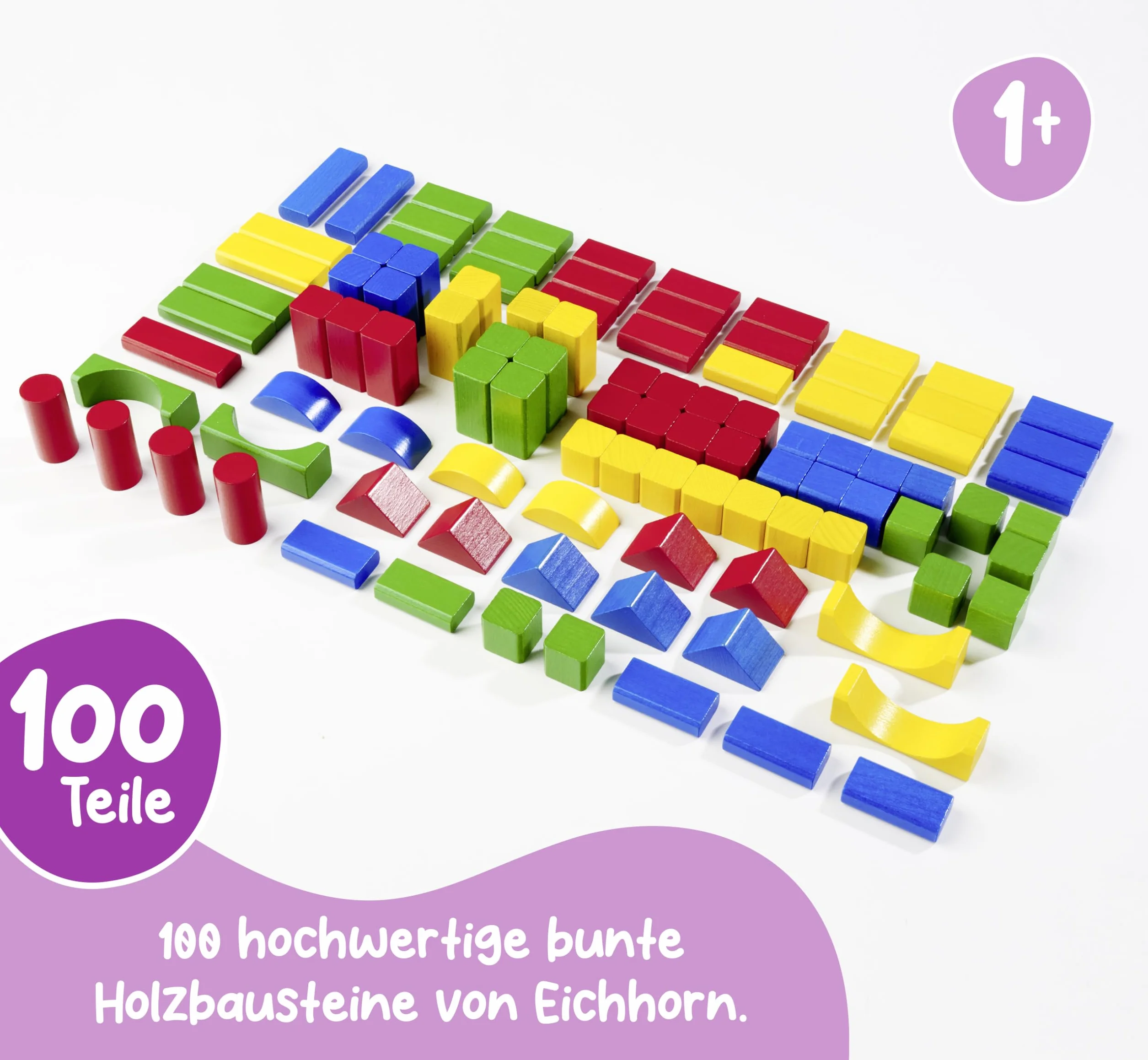 Eichhorn 100010171 Kolorowe drewniane klocki 100 elementów, pojemnik ze sznurkowym uchwytem, praktyczne wiaderko z pokrywką do sortowania - sorter kształtów na wieczku, dla dzieci od 1 roku