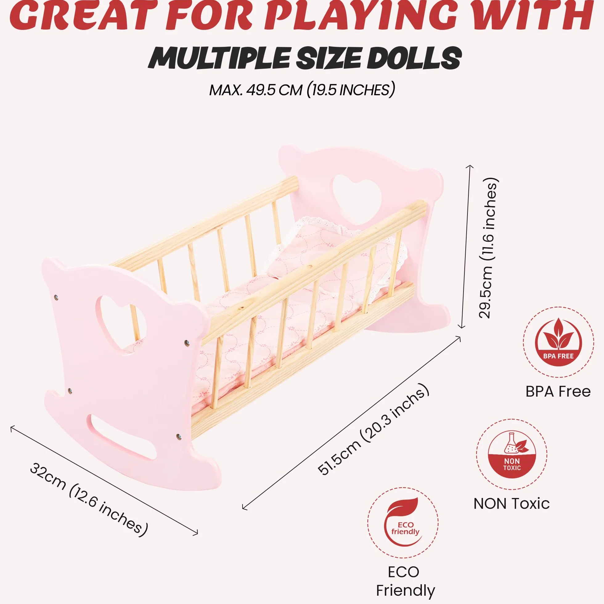 Kinderplay Łóżeczko dla Lalki, Kołyska dla lalki – Zestaw Kołyska plus Kołderka, Poduszeczka oraz Prześcieradło, dla laki o max. długości 49.5 cm., model GS2101
