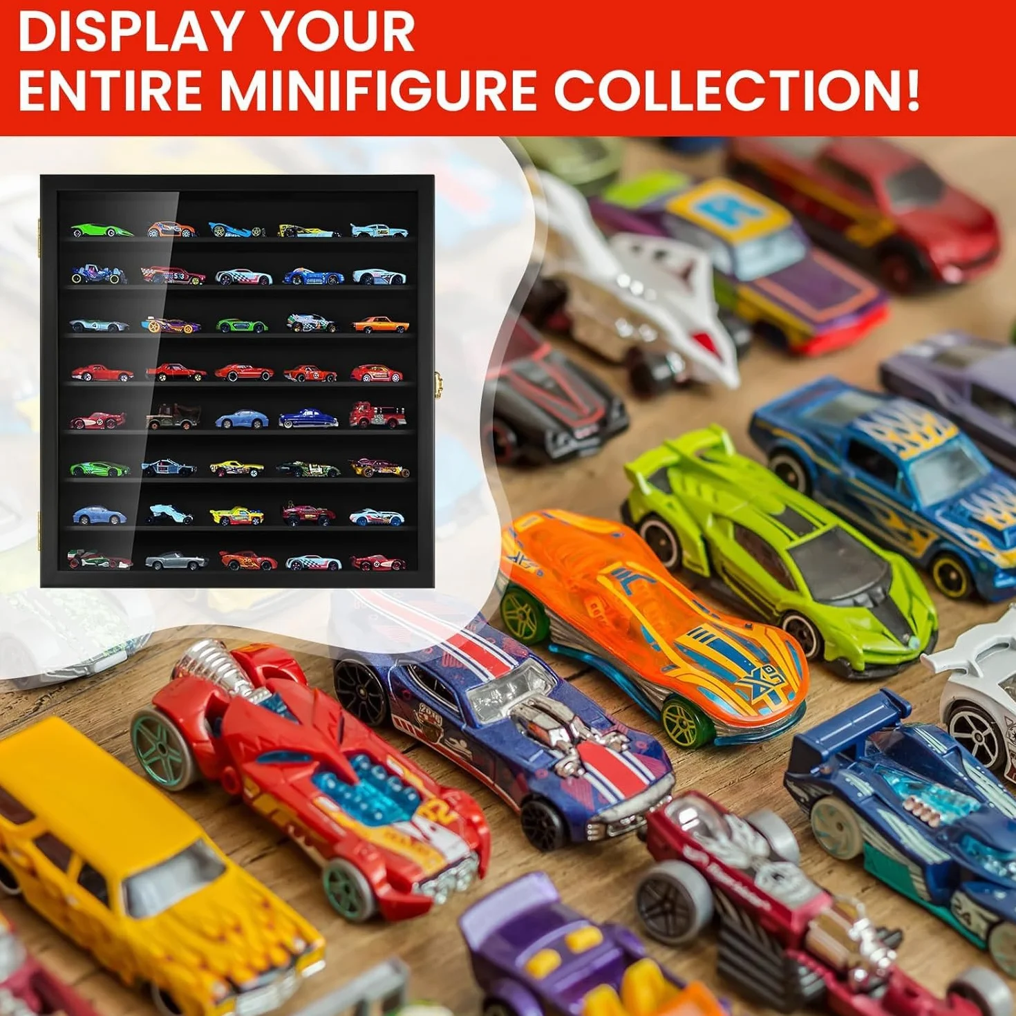 TJ.MOREE Model Car Display Case 1/64 Scale Diecast Wall-Mounted for Mini Toys and Small Wheels, Black