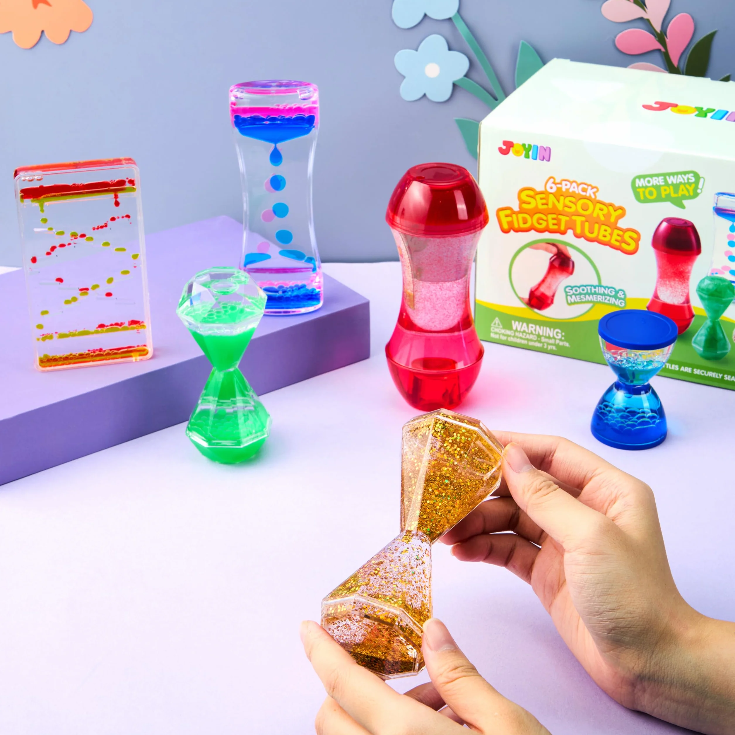 JOYIN 6 szt. sensoryczne zabawki Fidget Tubes dla dzieci z autyzmem, kojące butelki sensoryczne z wodą
