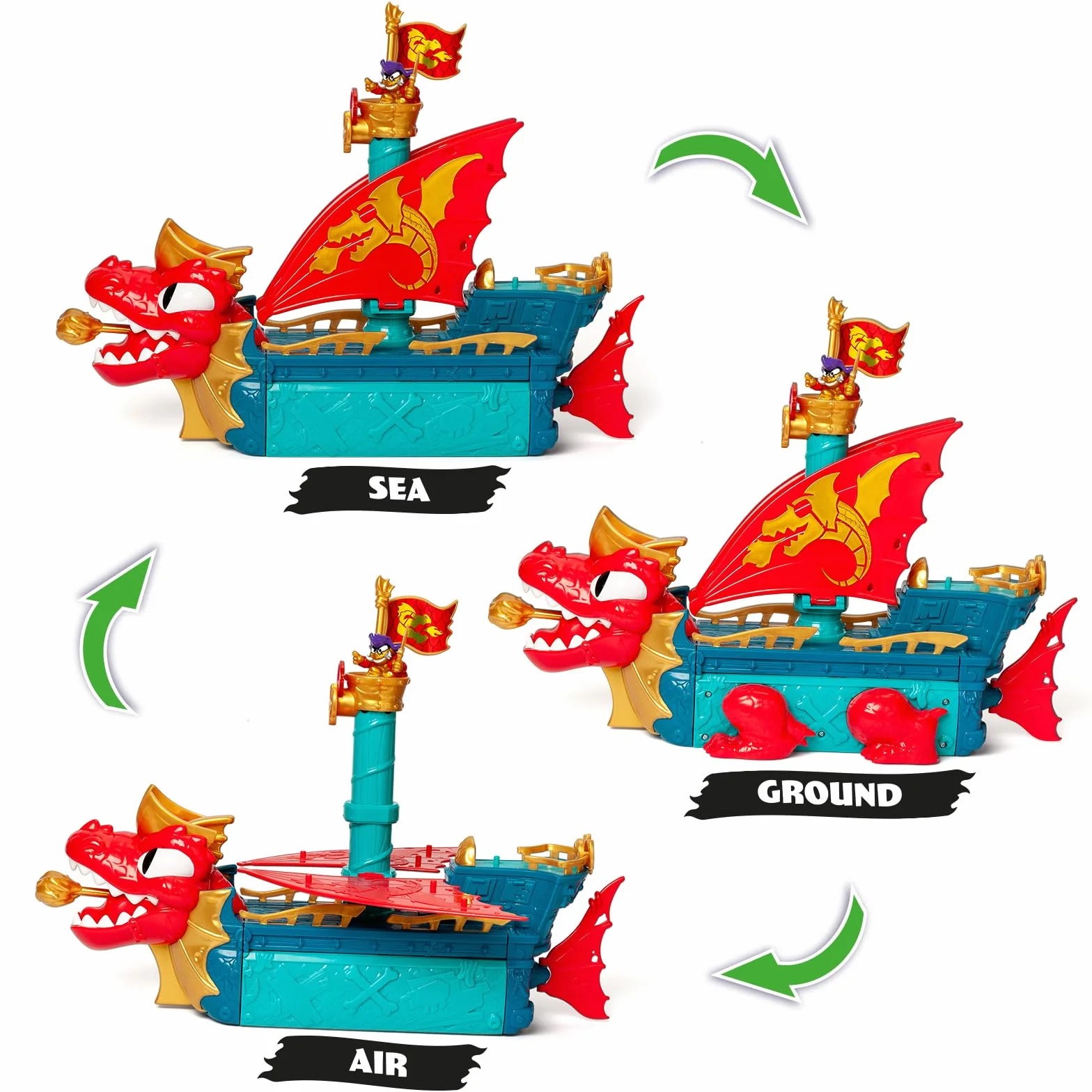 PIRATIX Dragon Ship – smoczy statek z Pyratix, 3 w 1: Ziemia, morze i powietrze. Zawiera 1 statek smoka, 1 ekskluzywny piratik, 1 ekskluzywny skarb, 1 flagę i 1 pocisk