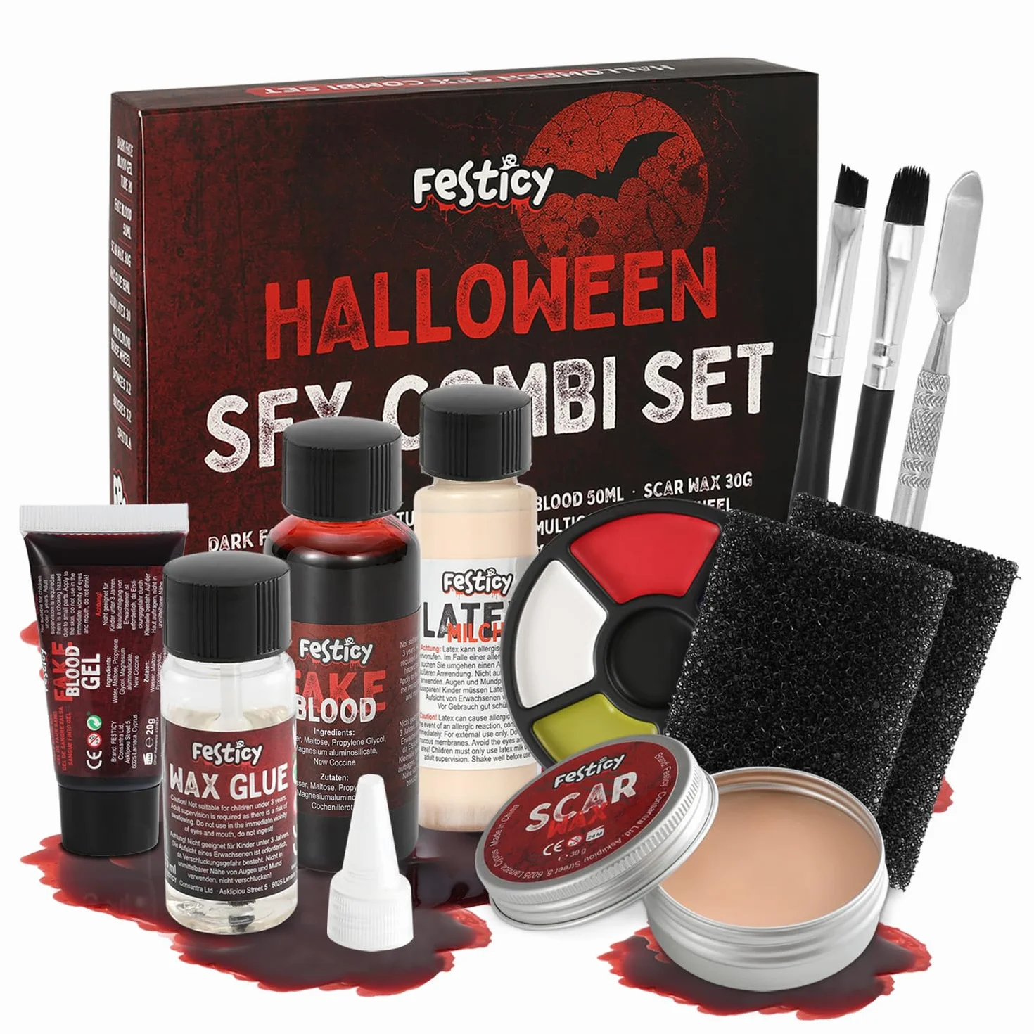 Festicy Specjalny zestaw do makijażu na Halloween, SFX, kompletny zestaw ze sztuczną krwią, lateksem, woskiem do blizn i akcesoriami, sztuczna krew do skóry i ubrań, na Halloween, do przerażających