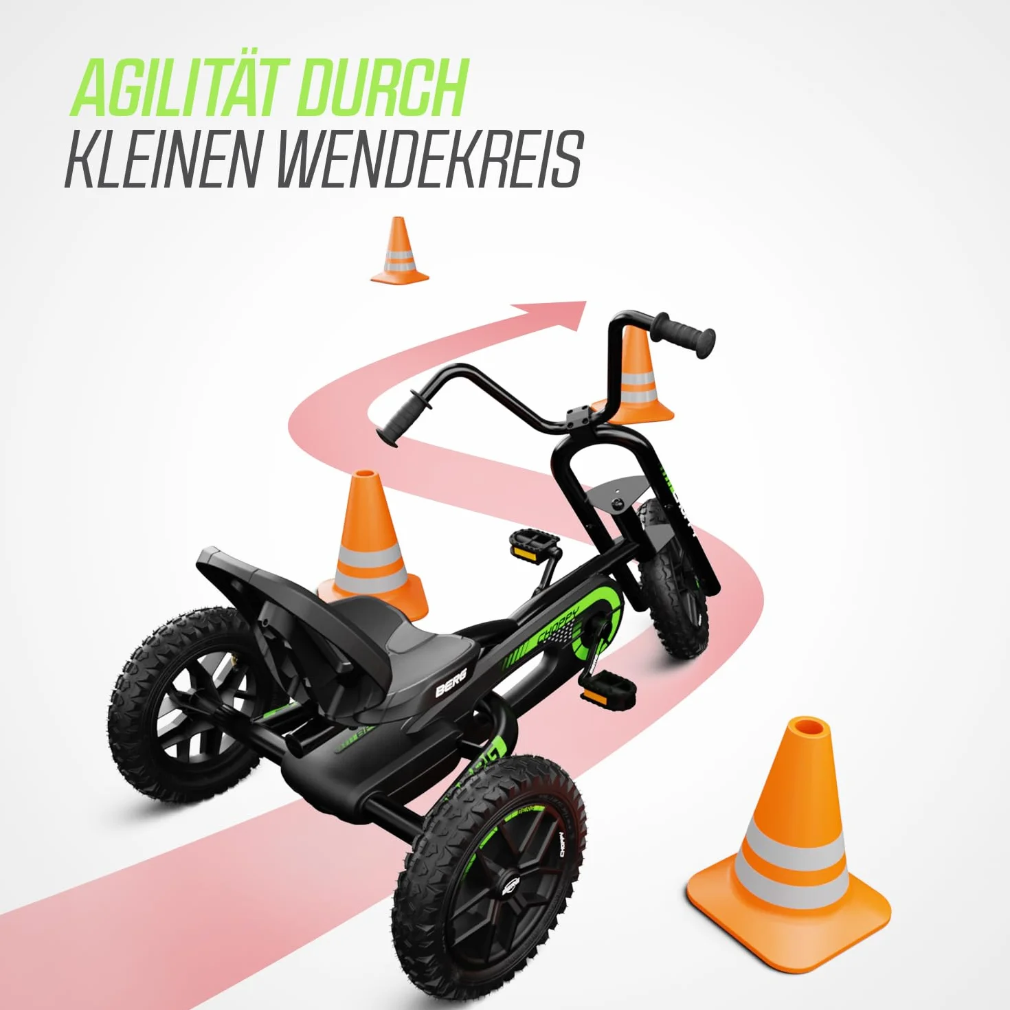 BERG Gokart Choppy Neo pojazd dziecięcy, samochód na pedały z optymalnym zabezpieczeniem, 3 opony pneumatyczne i wolny bieg, zabawka dla dzieci w wieku 3-8 lat, czarny