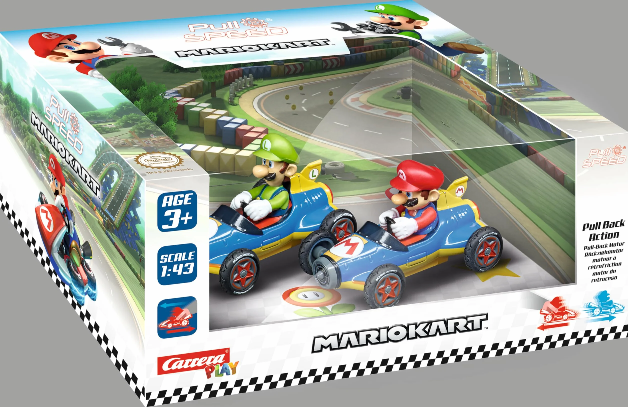 Pull & SPEED - 15813018 - Carrera Pull & Speed I Mario Kart - Mach8 Twinpack I Samochód wyścigowy I Pull and Speed Auto z silnikiem cofającym I Dla chłopców i dziewcząt od 6 lat i dorosłych I tor