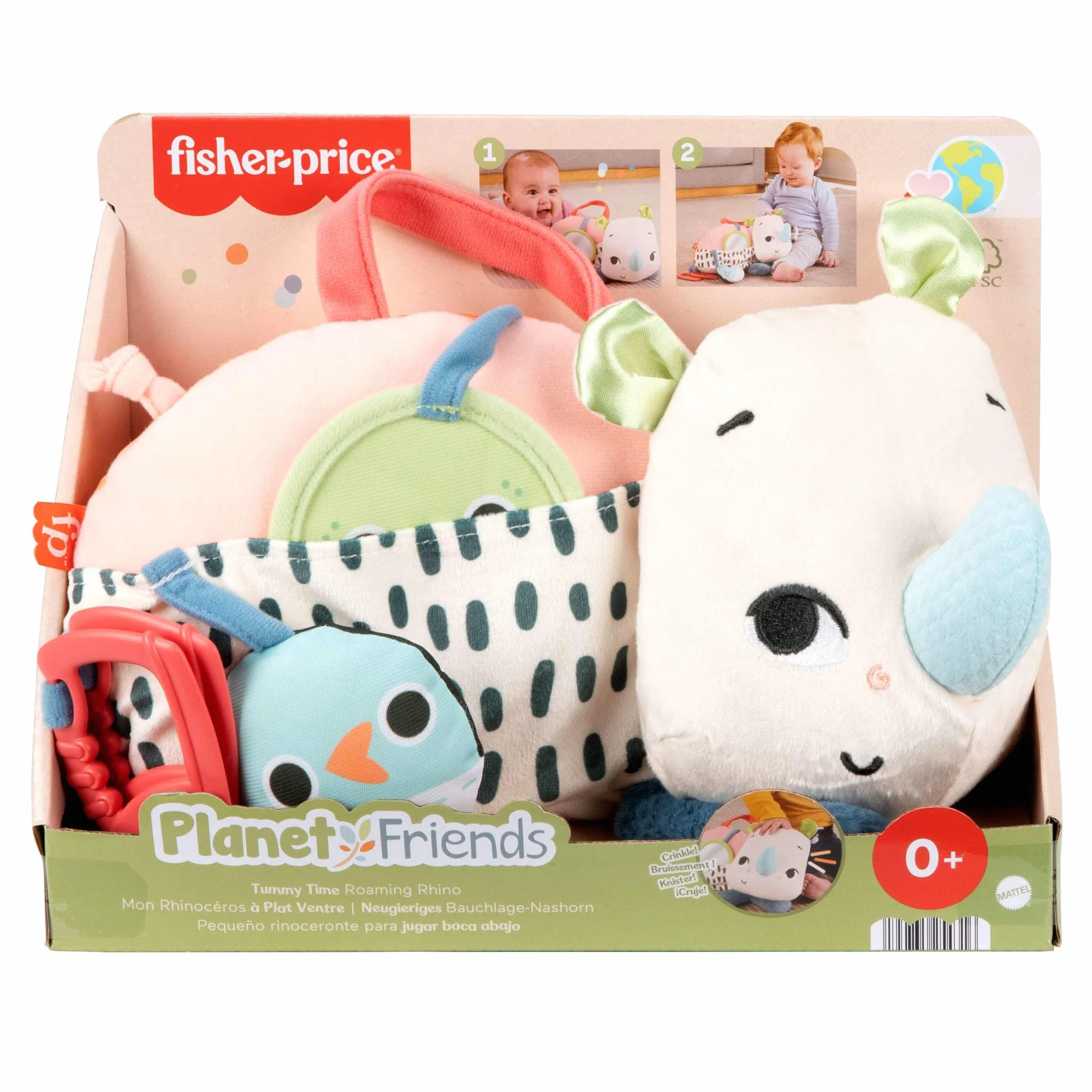 Fisher-Price Planet Friends Nosorożec aktywizujący Miękka zabawka sensoryczna do zabawy na brzuszku, HYR55