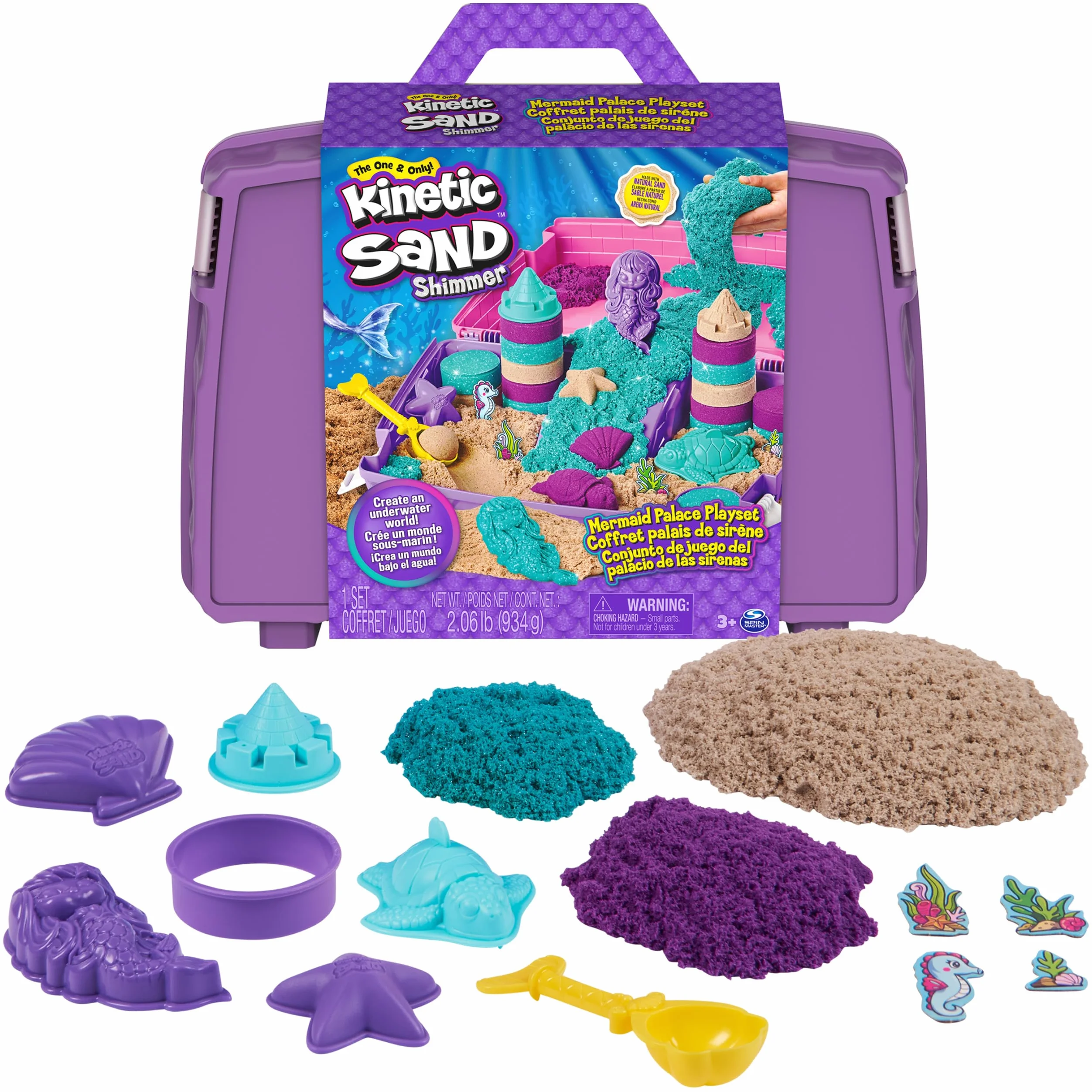 Kinetic Sand, Zestaw do zabawy w pałacu syrenki, 0,9 kg połyskującego piasku do zabawy, składana piaskownica wielokrotnego użytku i narzędzia, zabawki sensoryczne dla dzieci w wieku od 3 lat