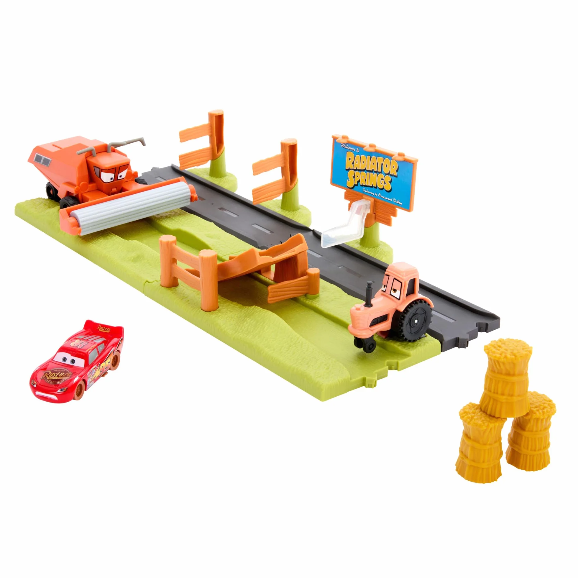 Mattel Disney Pixar Cars Auta Kaskaderska ucieczka Zestaw do zabawy Tor wyścigowy z 3 pojazdami zabawkami, w tym Zygzakiem McQueenem, i 2 sposobami zabawy, HRX48