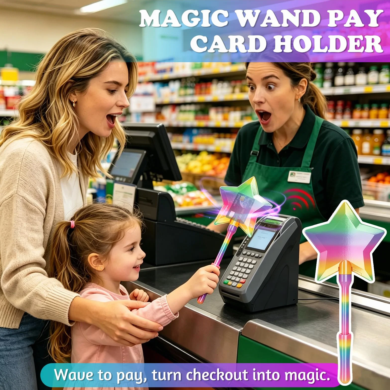 TOGETDREAM Magiczna różdżka z nadrukiem 3D, gwiazda różdżka magiczna różdżka karty kredytowej, różdżka z uchwytem na kartę kredytową, dotknij, aby zapłacić za dzieci, nastolatki i dorosłych (tęcza)