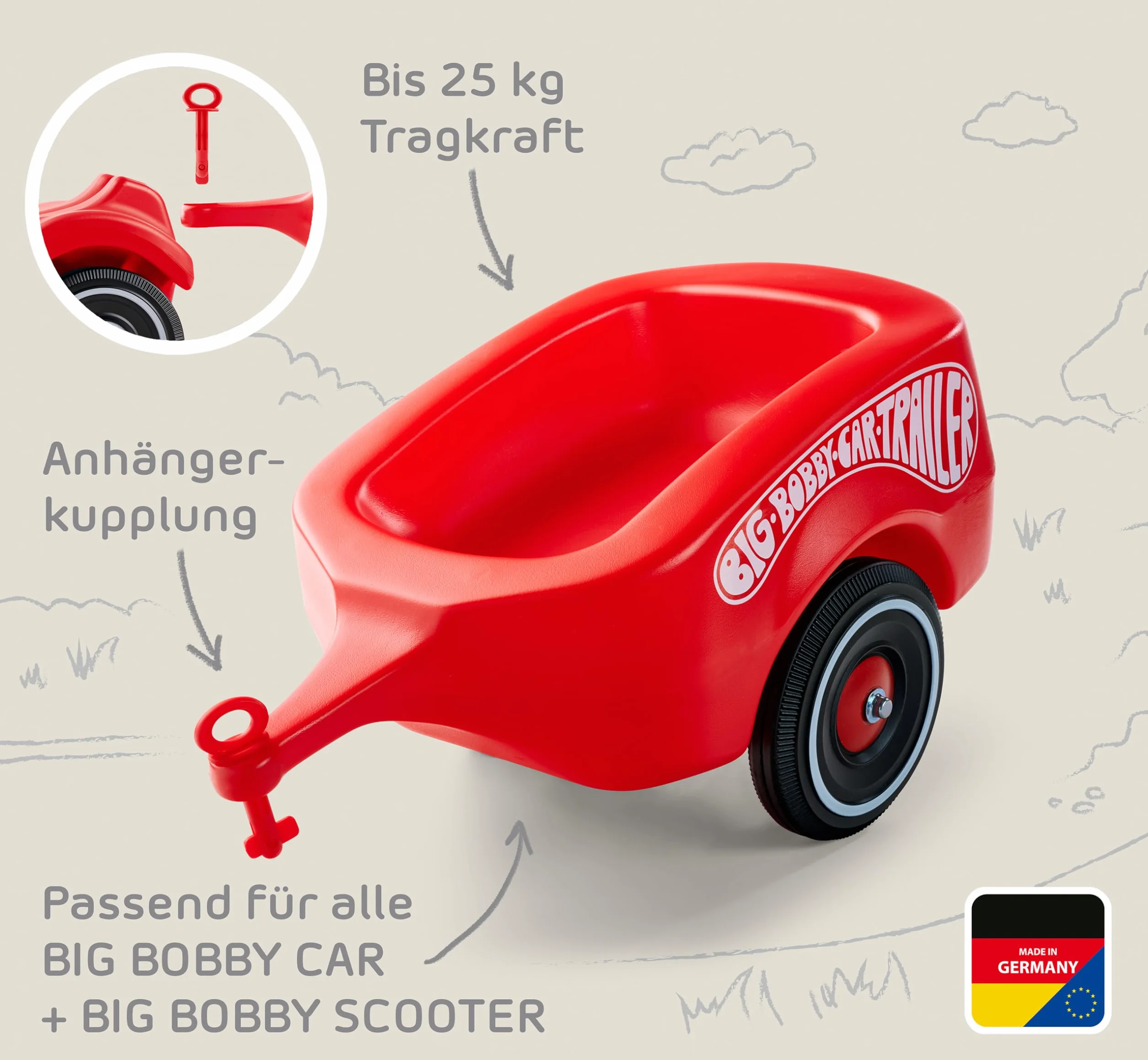 Bobby Car Czerwona przyczepa dla dzieci Ciche koła