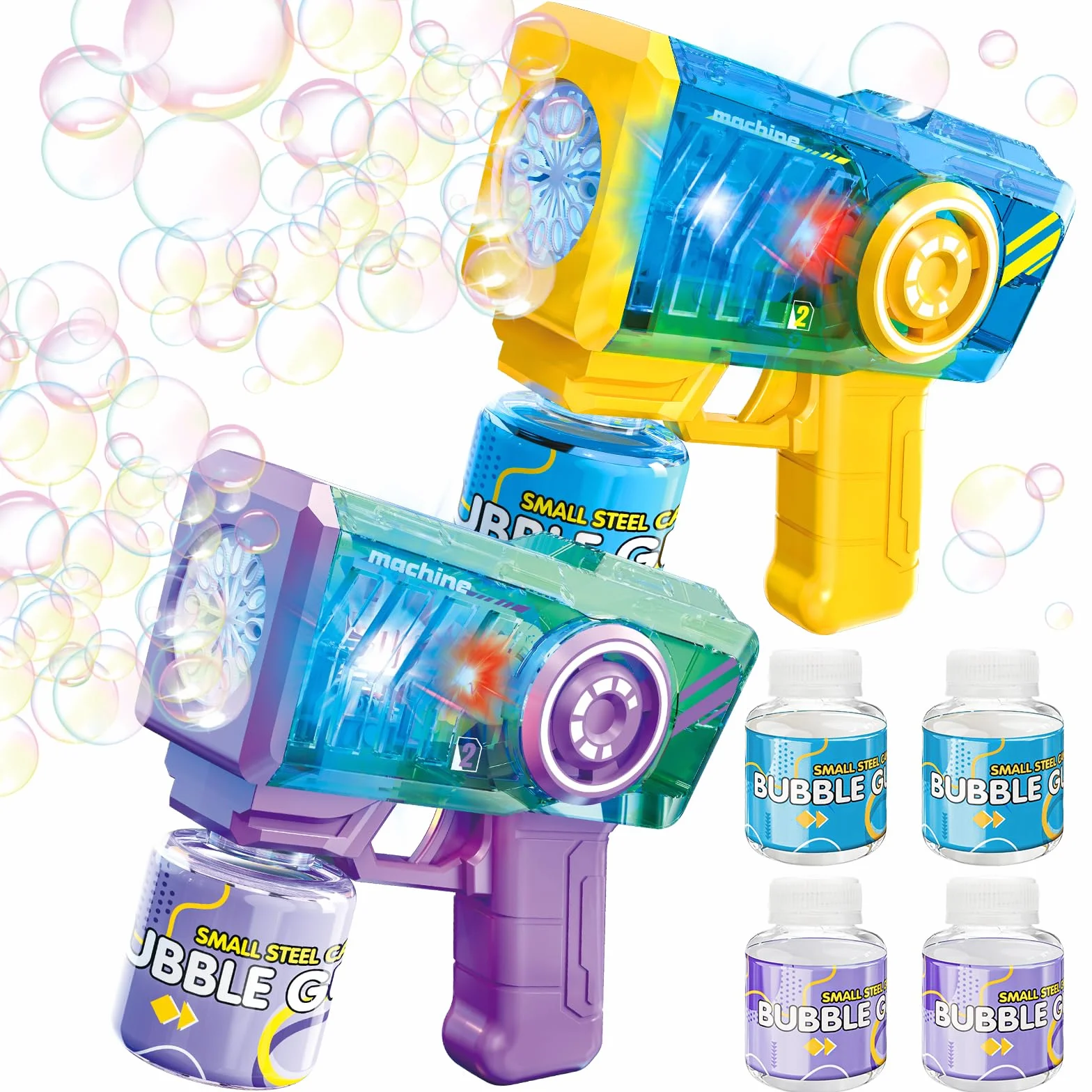 deAO 2 pistolety do baniek mydlanych, automatyczny pistolet do baniek bąbelkowych z lampami, 4 x 90 ml roztworu bąbelkowego, maszyna do baniek bąbelkowych, zabawki ogrodowe, prezent na wesele