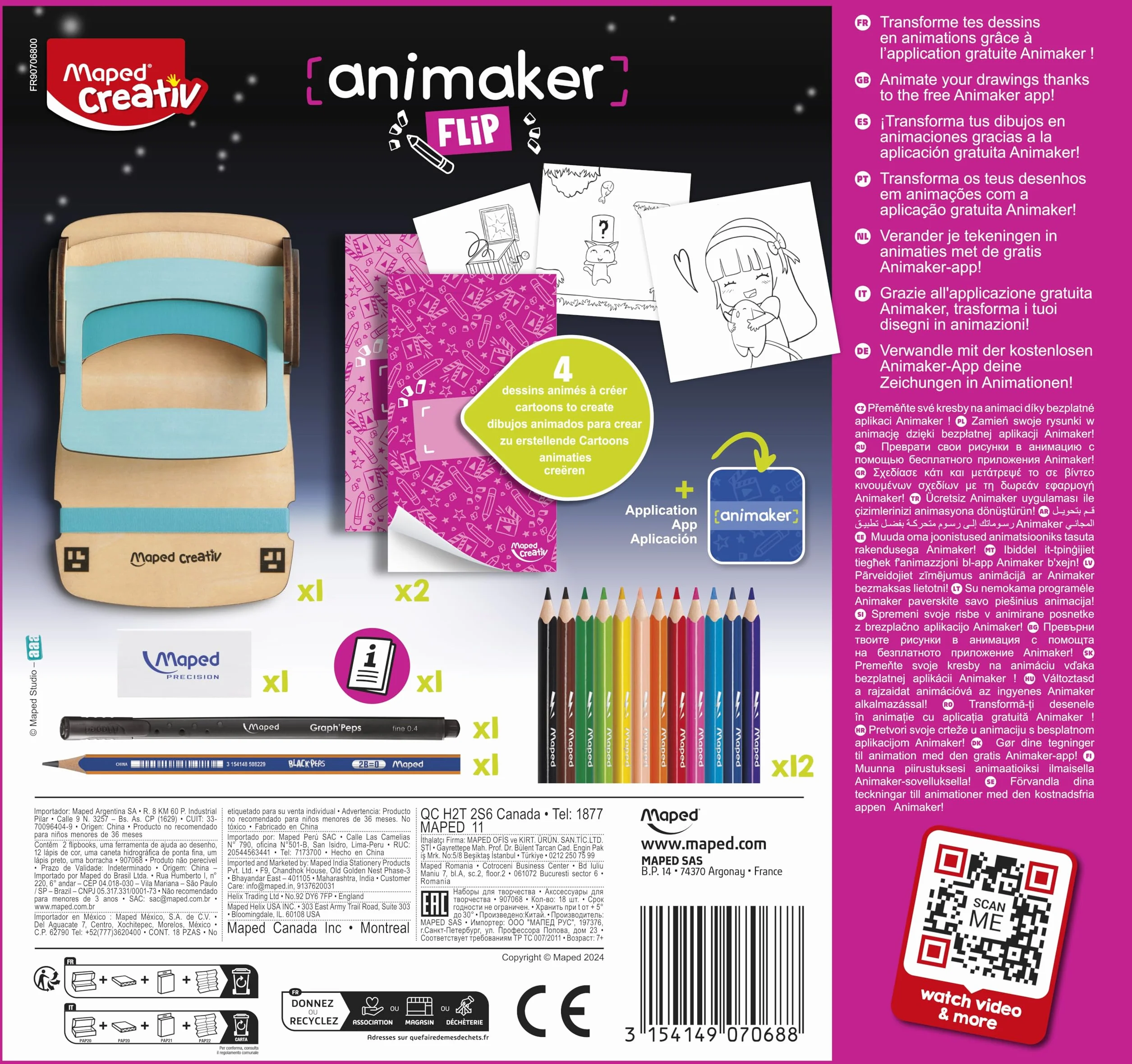 Maped Creativ - Animaker Flip Poetic - Tworzenie rysunków - Kompletny zestaw z notatnikiem i pomocnikiem do tworzenia Flipbooka + ołówkami i akcesoriami Dostęp do aplikacji Animaker - od 7 lat