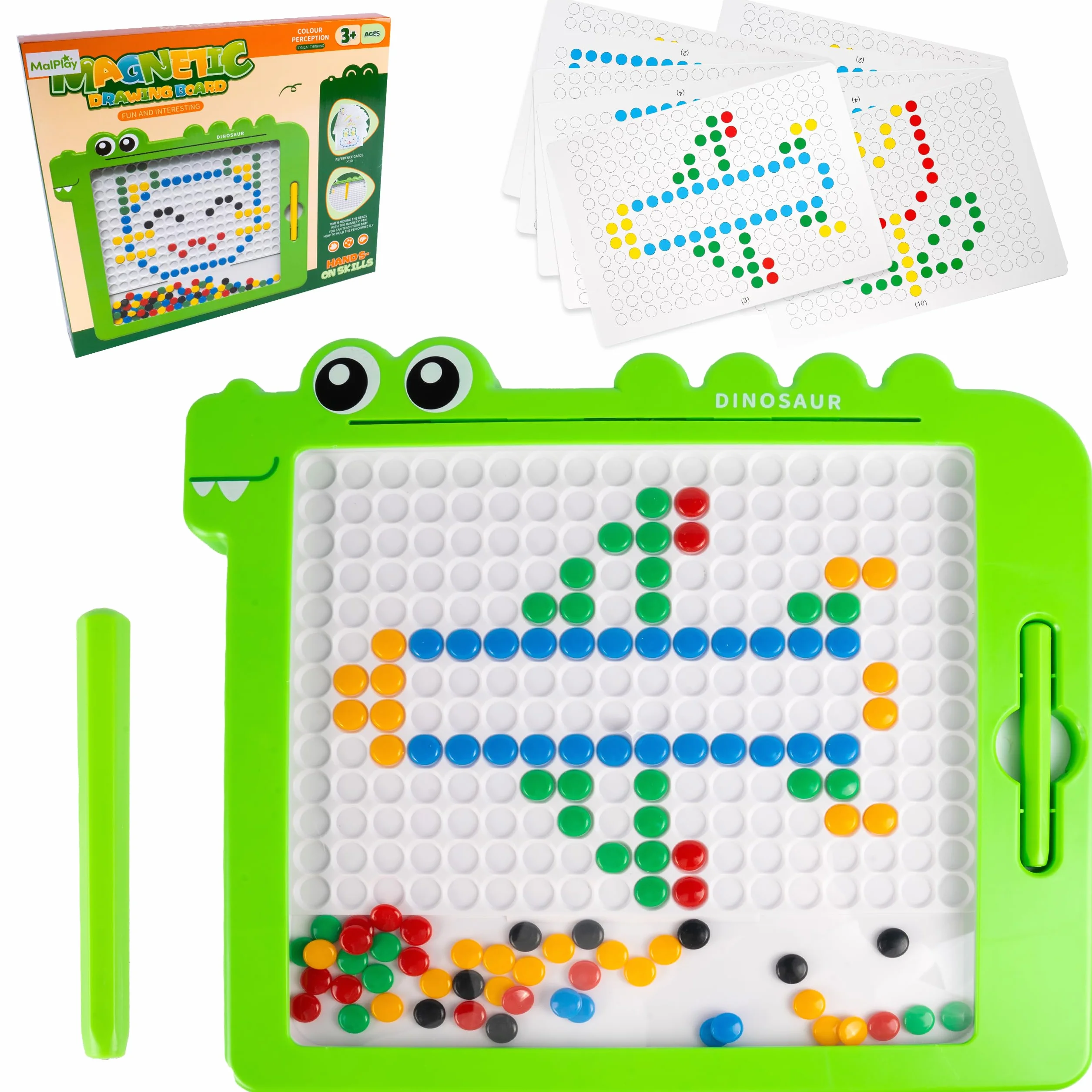 MalPlay Montessori tablica magnetyczna dla dzieci, koraliki mozaikowe, szablony puzzli dinozaurów, 20 różnych szablonów, od 3 lat, gra magnetyczna