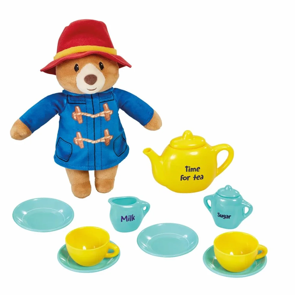 Rainbow Designs Paddington Bear's Toy Tea Set – 9-częściowy zestaw do herbaty dla dzieci z czajnikiem, kubkami, spodkami i dzbankiem na cukier – zawiera pluszową zabawkę, walizkę wielokrotnego użytku