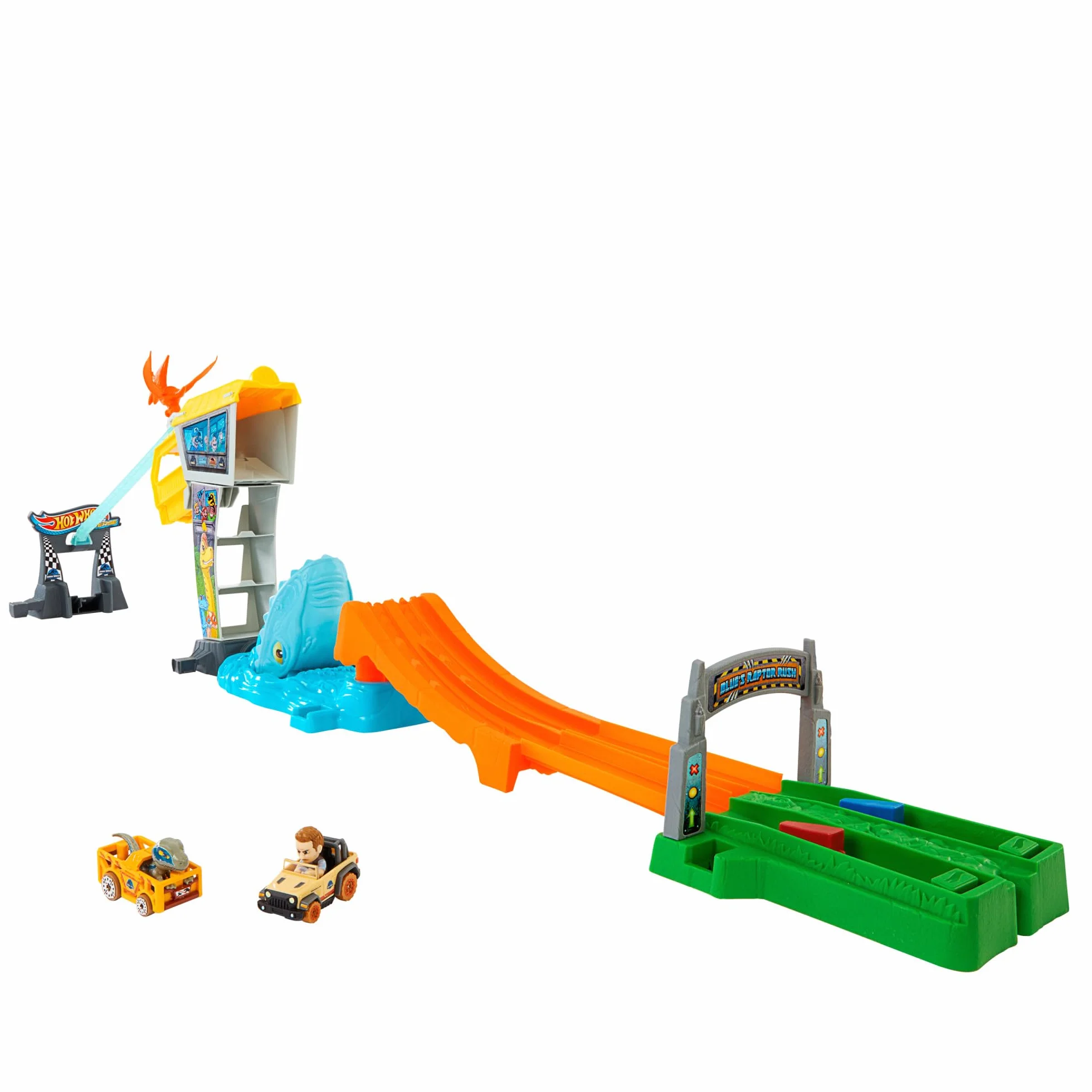 Hot Wheels RacerVerse Jurassic World Kolejka linowa Blue Zestaw z torem i 2 metalowymi pojazdami inspirowanymi Blue i Owenem, HTP12