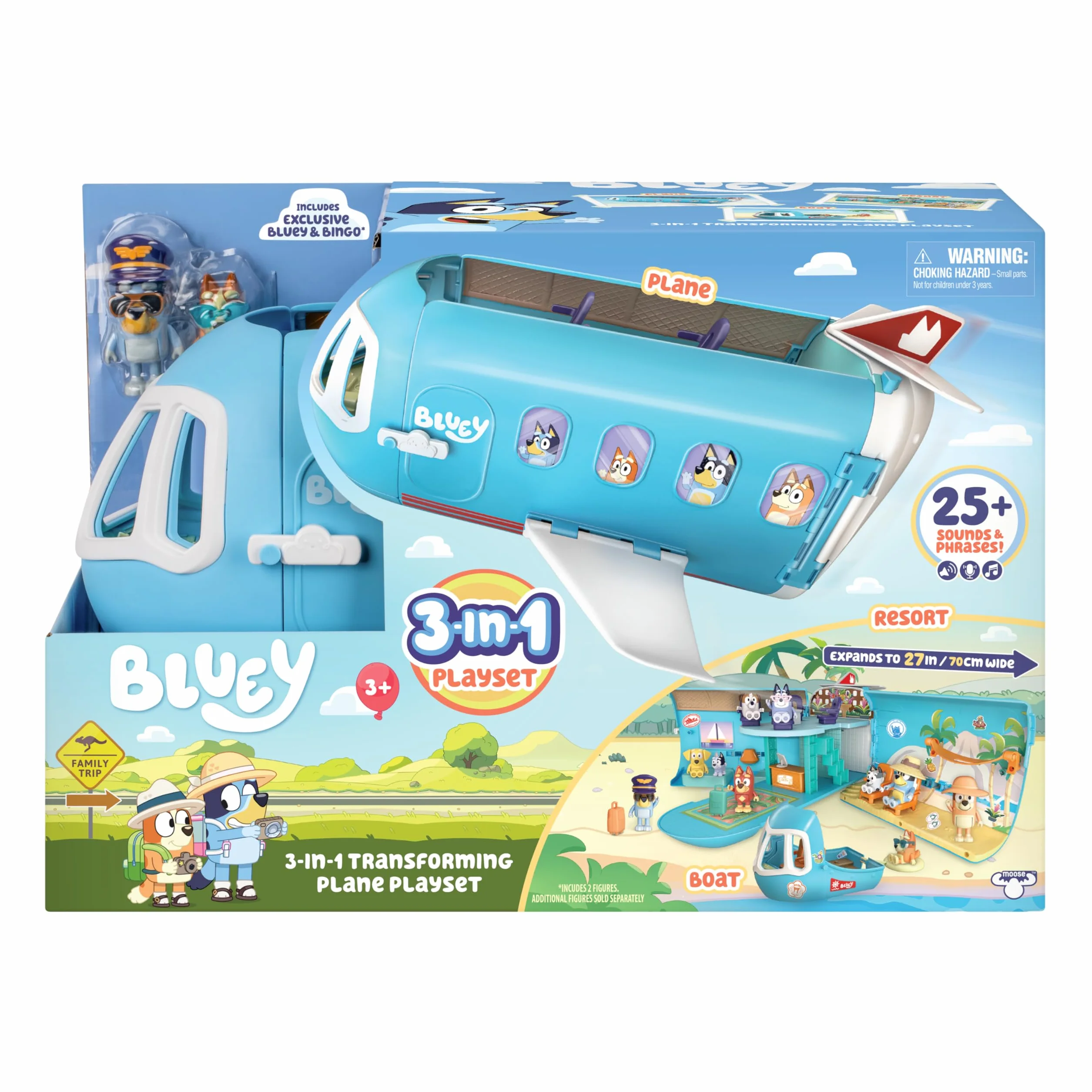 BlueY Zestaw do zabawy 3 w 1 samolot do rozkładania; przekształcenie samolotu w hotelowy kurort i łódź! Zestaw do zabawy w ośrodku wakacyjnym o szerokości 70 cm; 25+ dźwięków; 15 zabawek; 2