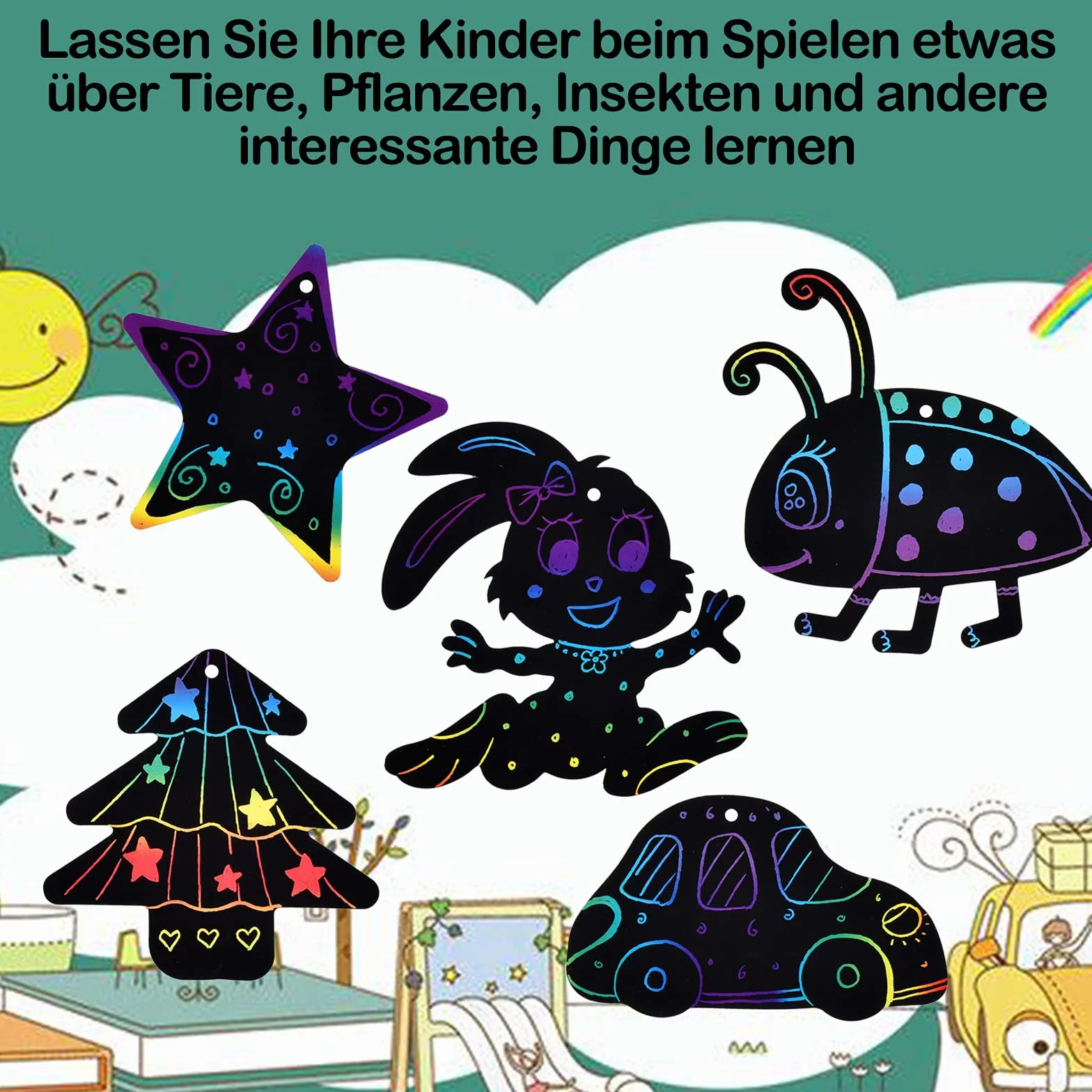 48 szt. obrazków do zdrapywania, zestaw dla dzieci, magiczny tęczowy papier do zdrapywania, pisak do zdrapywania, do rysowania na oknie, do majsterkowania, na imprezę, jako prezent na urodziny, imprezę, "zrób to sam"