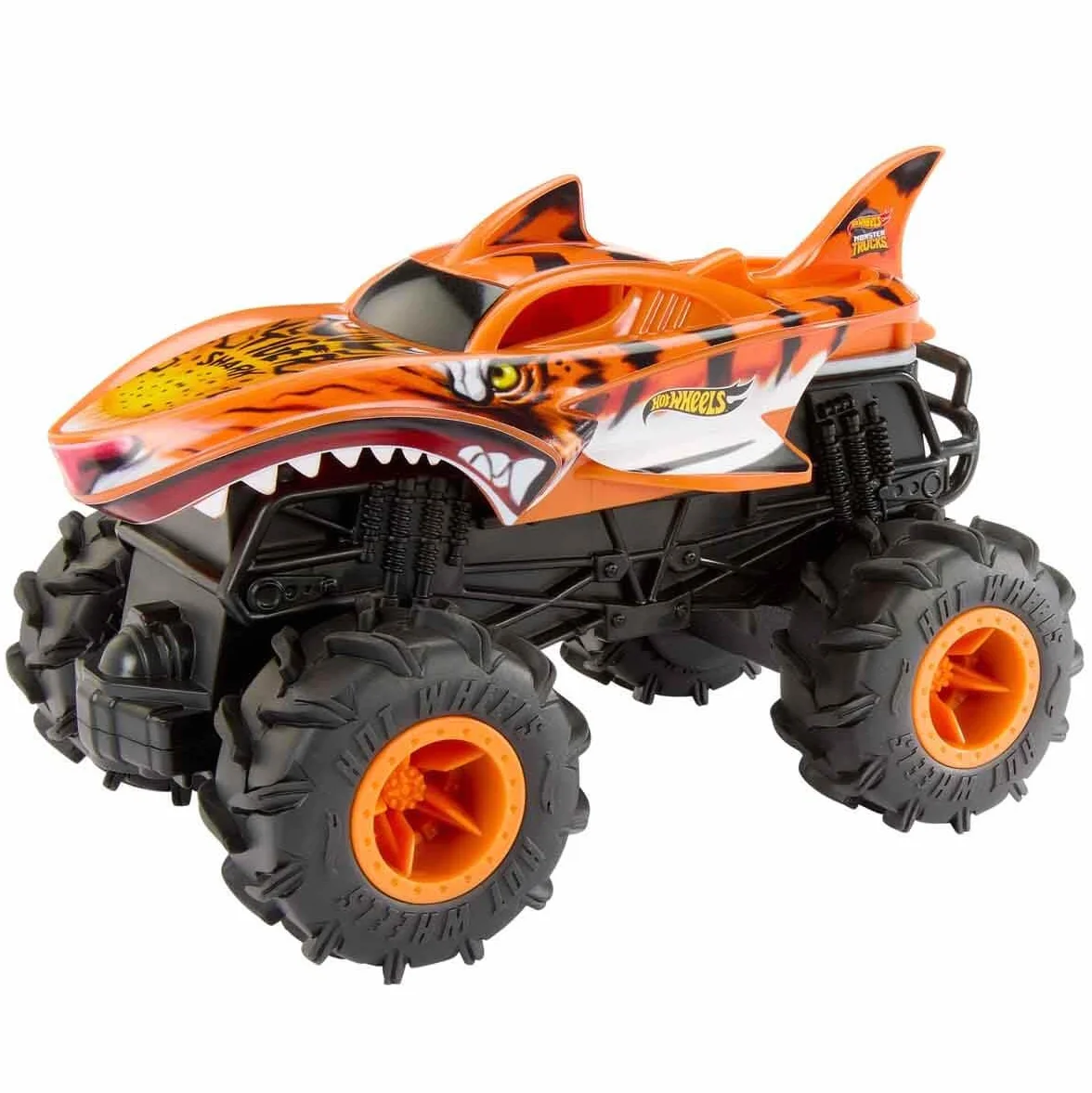 Hot Wheels Monster Trucks R/C Tiger Shark Pojazd zdalnie sterowany 1:24, jazda na każdej powierzchni dzięki oponom Terrain Action, HNV03