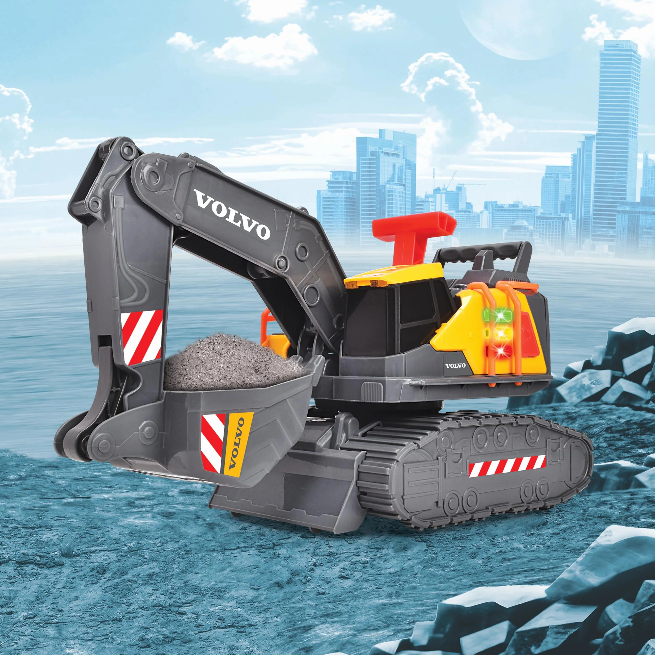 Dickie Toys - Volvo Bagger Power Excavator (30 cm) – zabawkowa koparka łopatkowa dla dzieci od 3 lat z wolnym biegiem, sterowaniem dźwignią, światłem i dźwiękiem, nadaje się jako zabawka do piasku, w