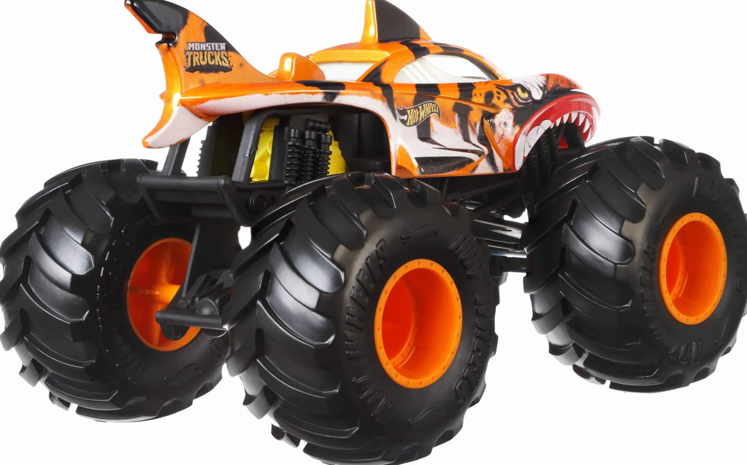 Hot Wheels Monster Trucks Tiger Shark Duży metalowy pojazd zabawka w skali 1:24 z wielkimi kołami i wyjątkowymi wzorami, samochód dla dzieci, JDR02
