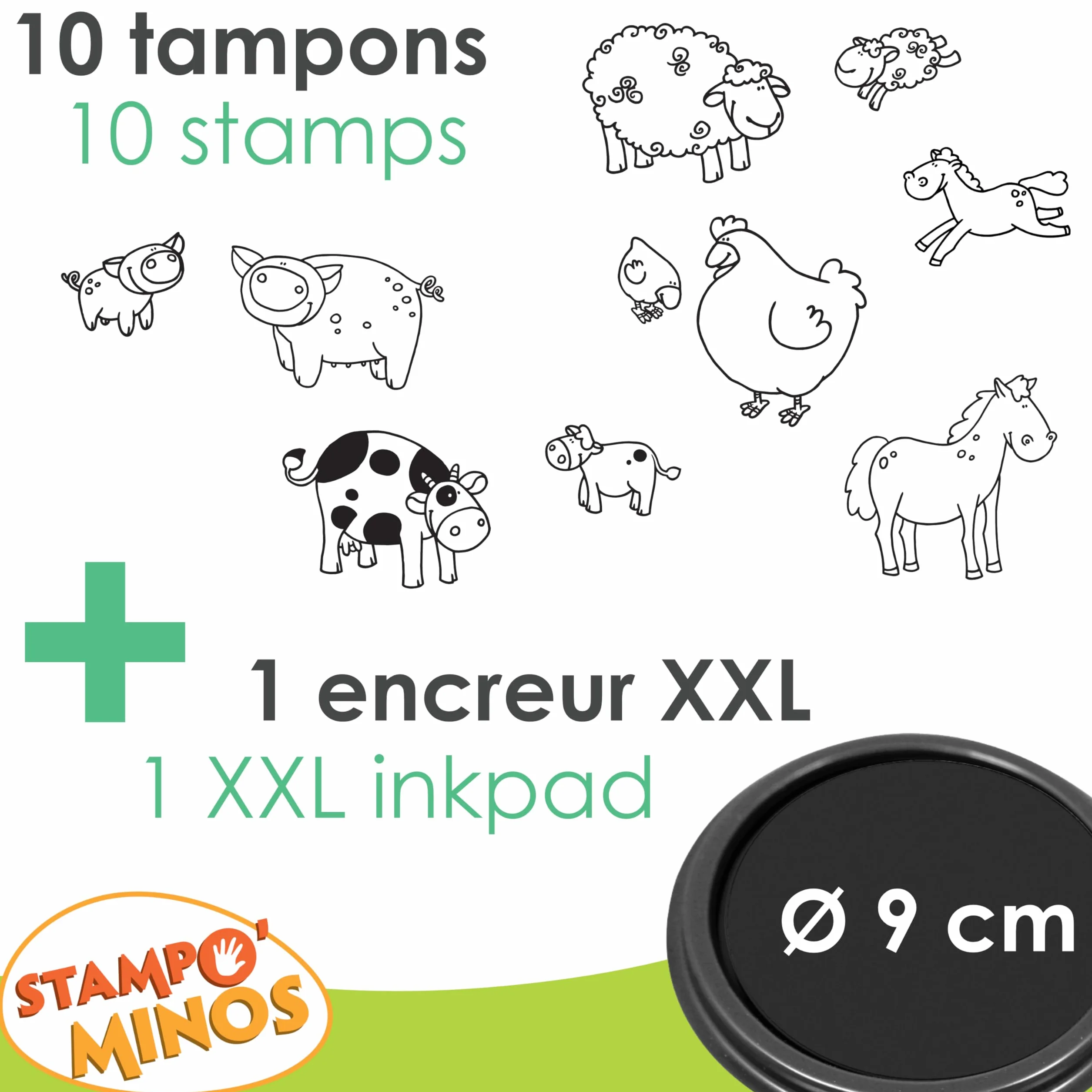 Aladine - 10 tamponów dla zwierząt gospodarskich z atramentem - Wkładki dla dzieci od 3 lat - Stampominos - Zmywalny tusz - Krowa Świnia Kurczak Koń, Aktywność Dziecko Rysunek Chłopiec Dziewczynka
