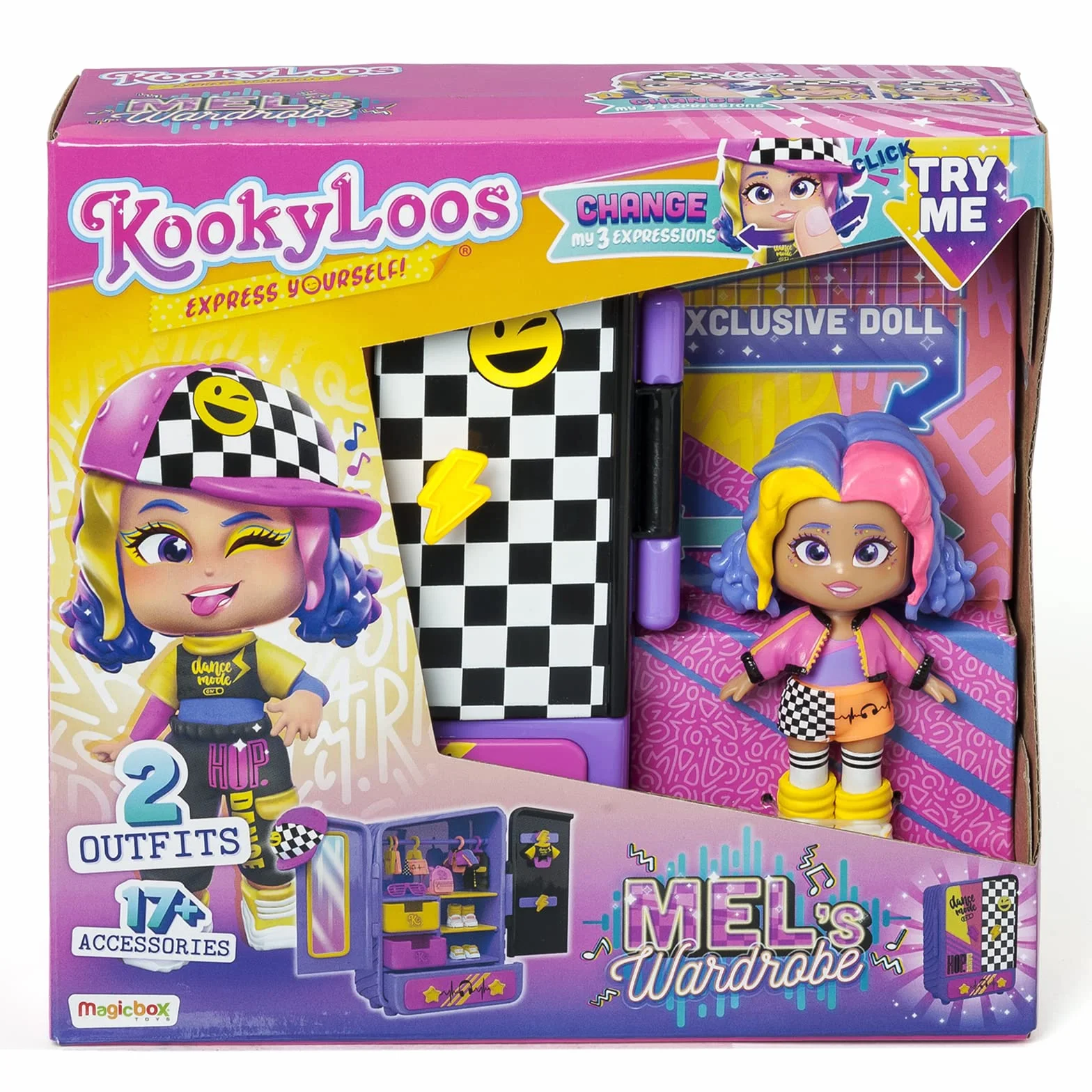 KOOKYLOOS Mel's Wardrobe – Garderoba zawiera lalkę, 2 różne kombinezony i 17 akcesoriów