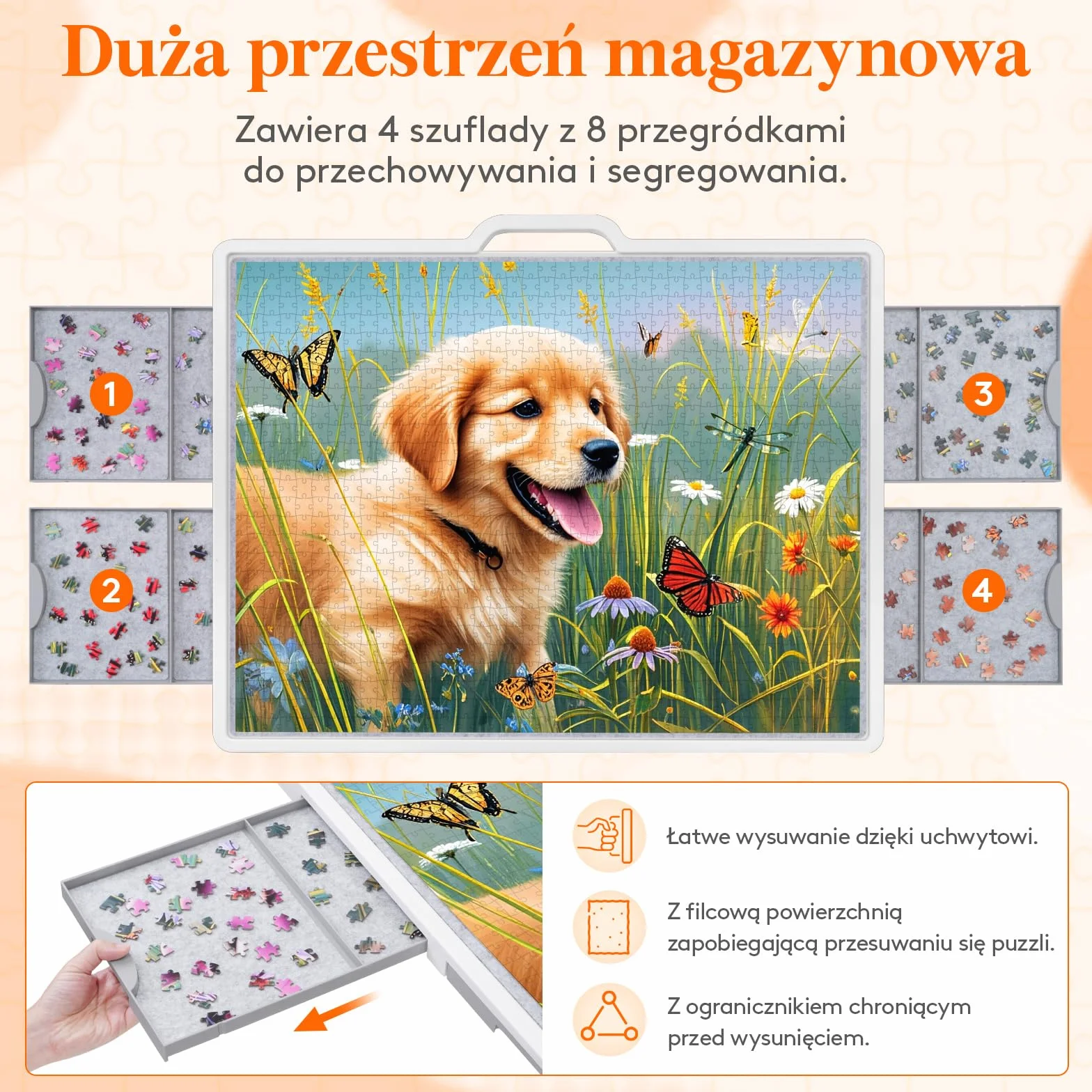 Lifewit 1500 ruchomych puzzli z 4 szufladami / pokrywa, 88,9 x 68,5 cm, deska do puzzli z uchylnymi uchwytami, filcowe półki, stół puzzle z regulacją wysokości, z kółkami blokującymi, biały