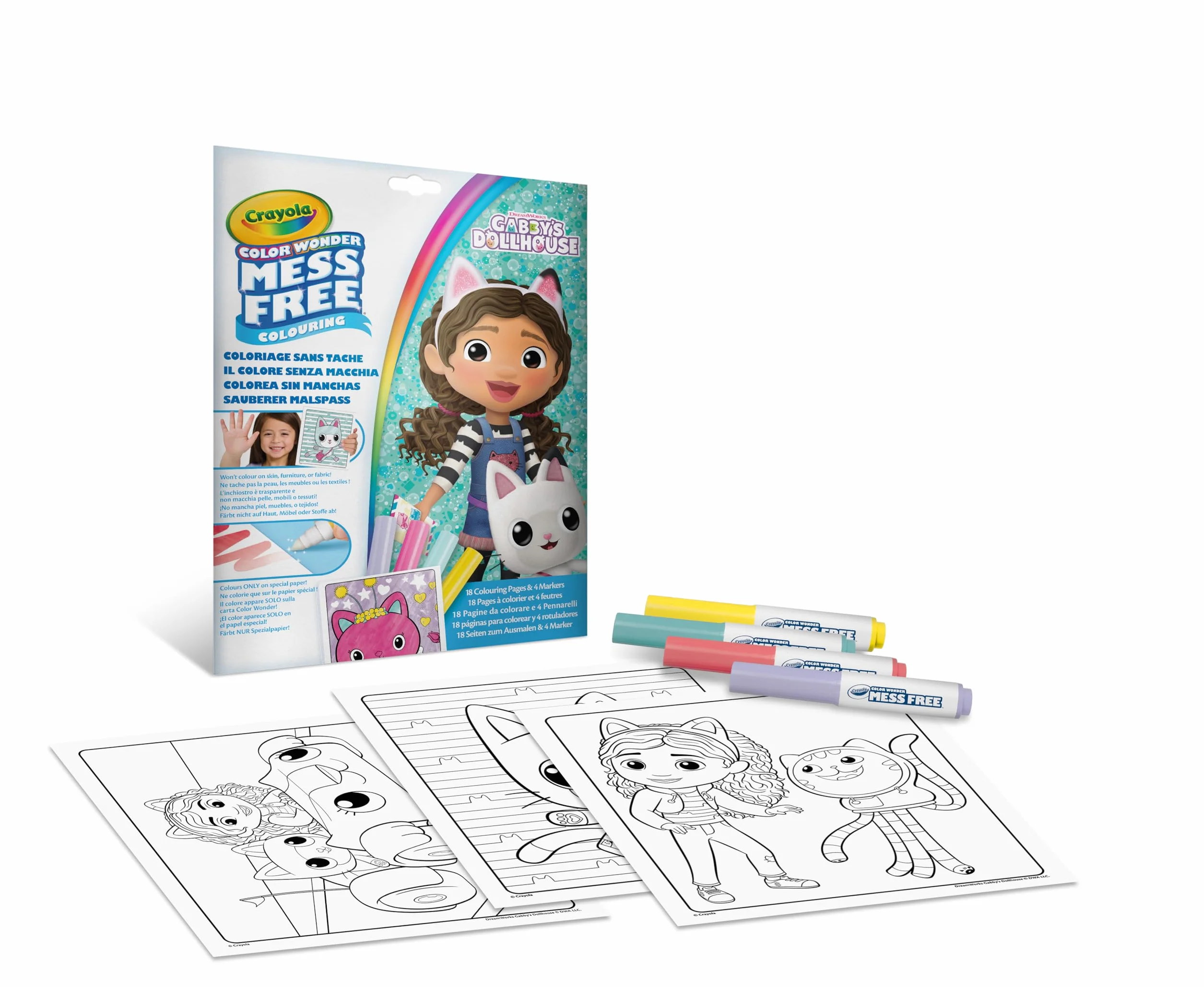 CRAYOLA Color Wonder - Zestaw do kolorowania domku dla lalek Gabby z 18 kolorowankami i 4 niezmywalnymi markerami, wersja międzynarodowa, 75-2816