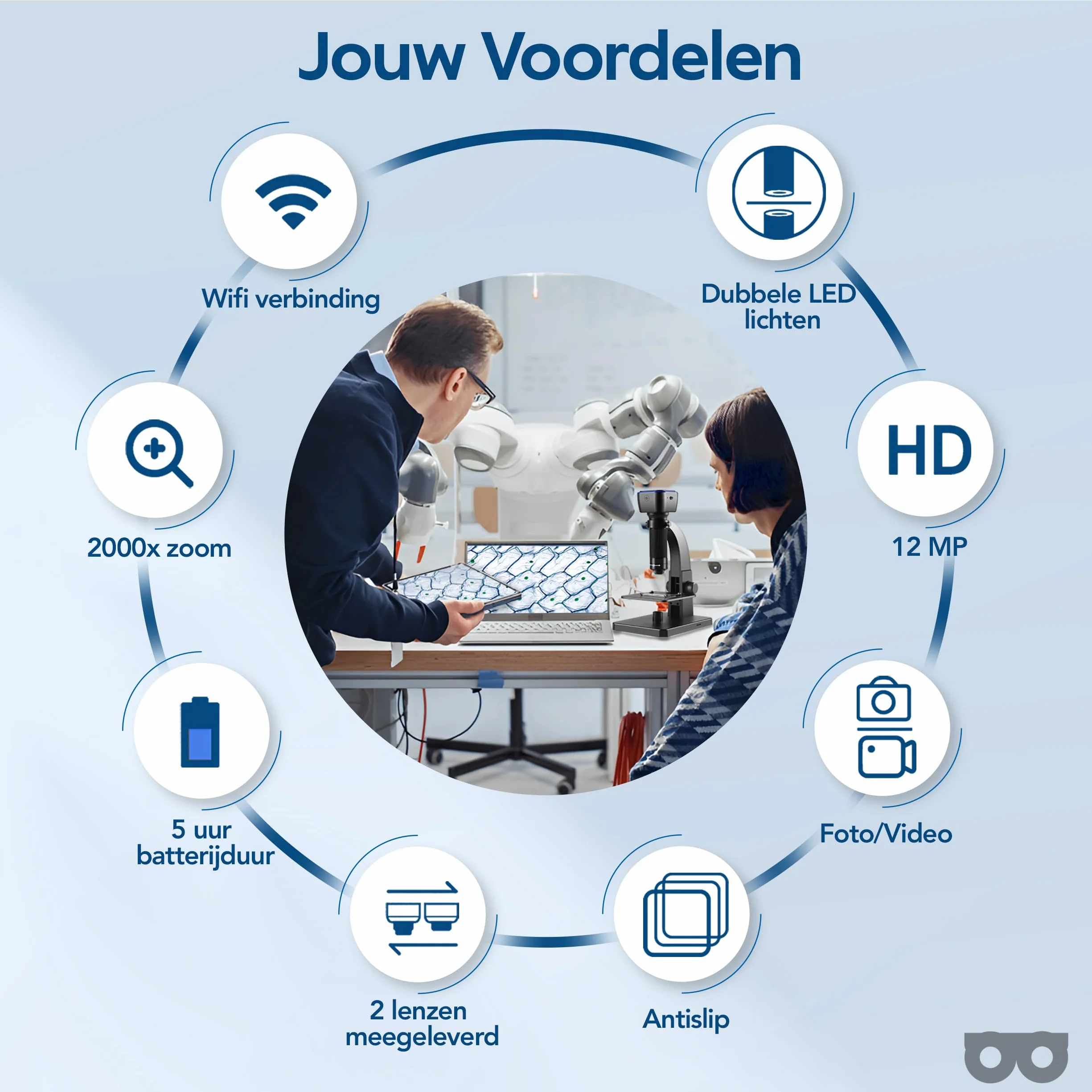 Digital Microscope with Camera – 2000 x Zoom – Photo/Video – Wi-Fi/USB Connection – 1800 mAh Battery – 11 LED Lights, Microscope Included