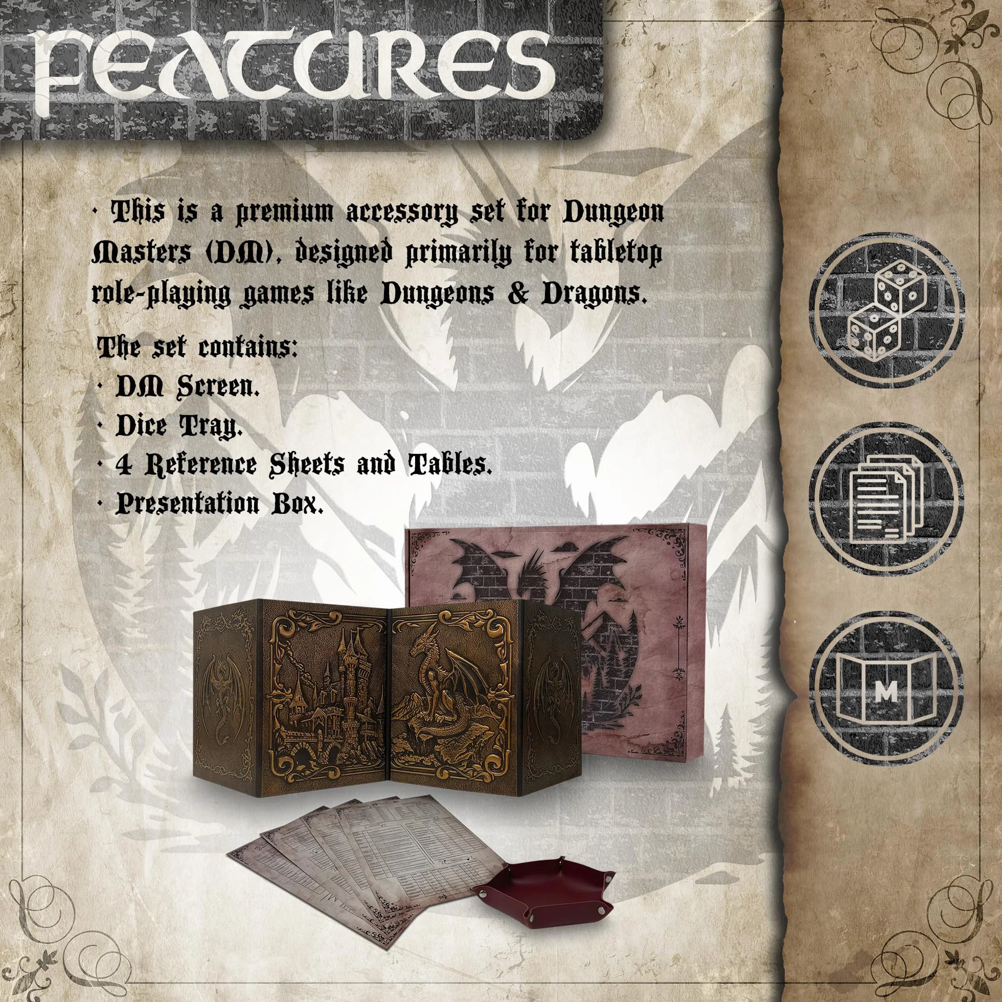 Ekran Dungeon Master z tacą na kości DOJA Hobbies, DM Screen DnD Składany 4 Panele Syntetyczna Miedziana Skórzana Z Dostosowanymi Kieszeniami, Lochy i Smoki Role Play Akcesoria