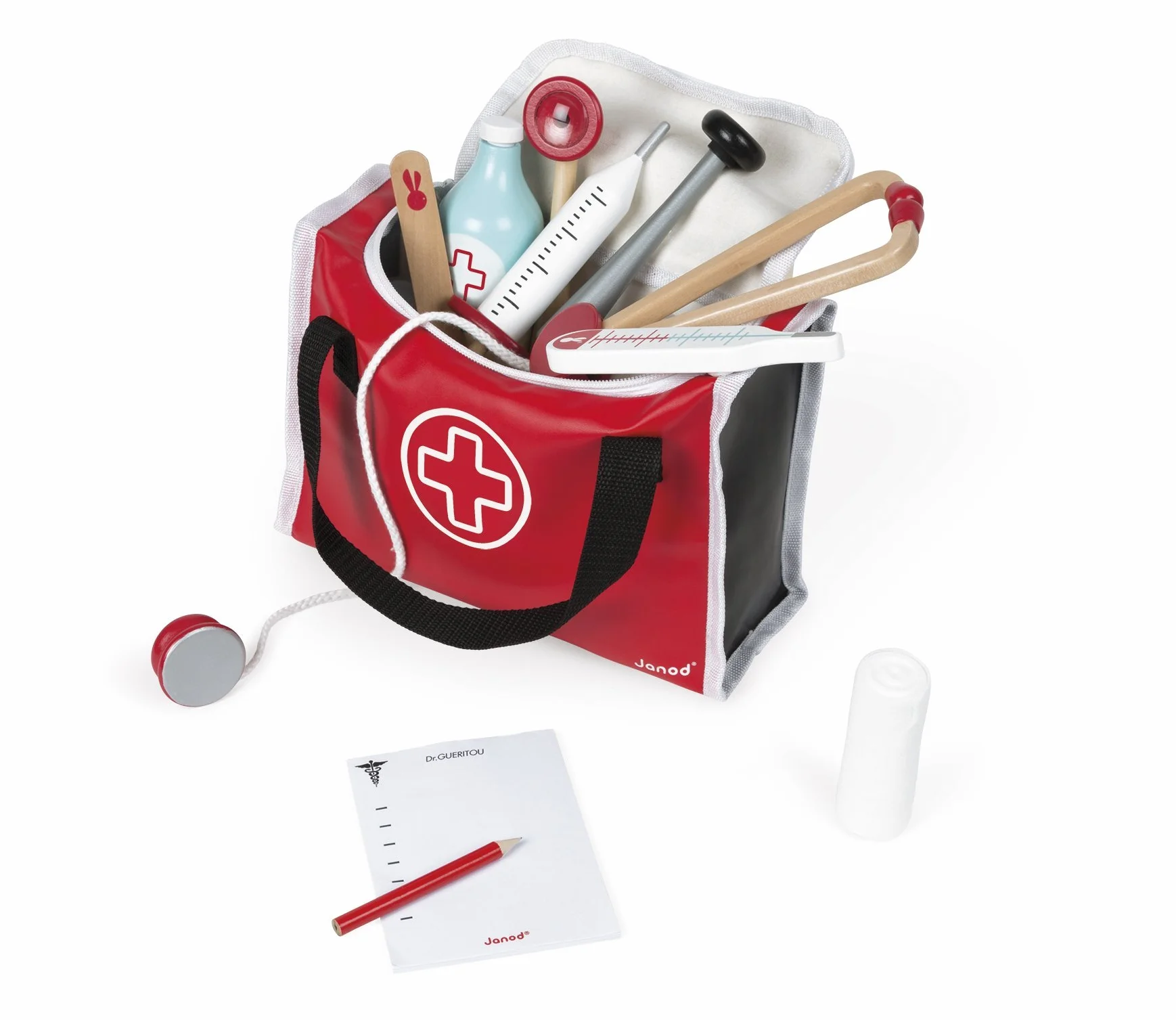Janod - Doctor's Suitcase for Children - 10 Solid Wood Accessories Included - Prentend Play Toy - For children from the Age of 3, J06513, Red