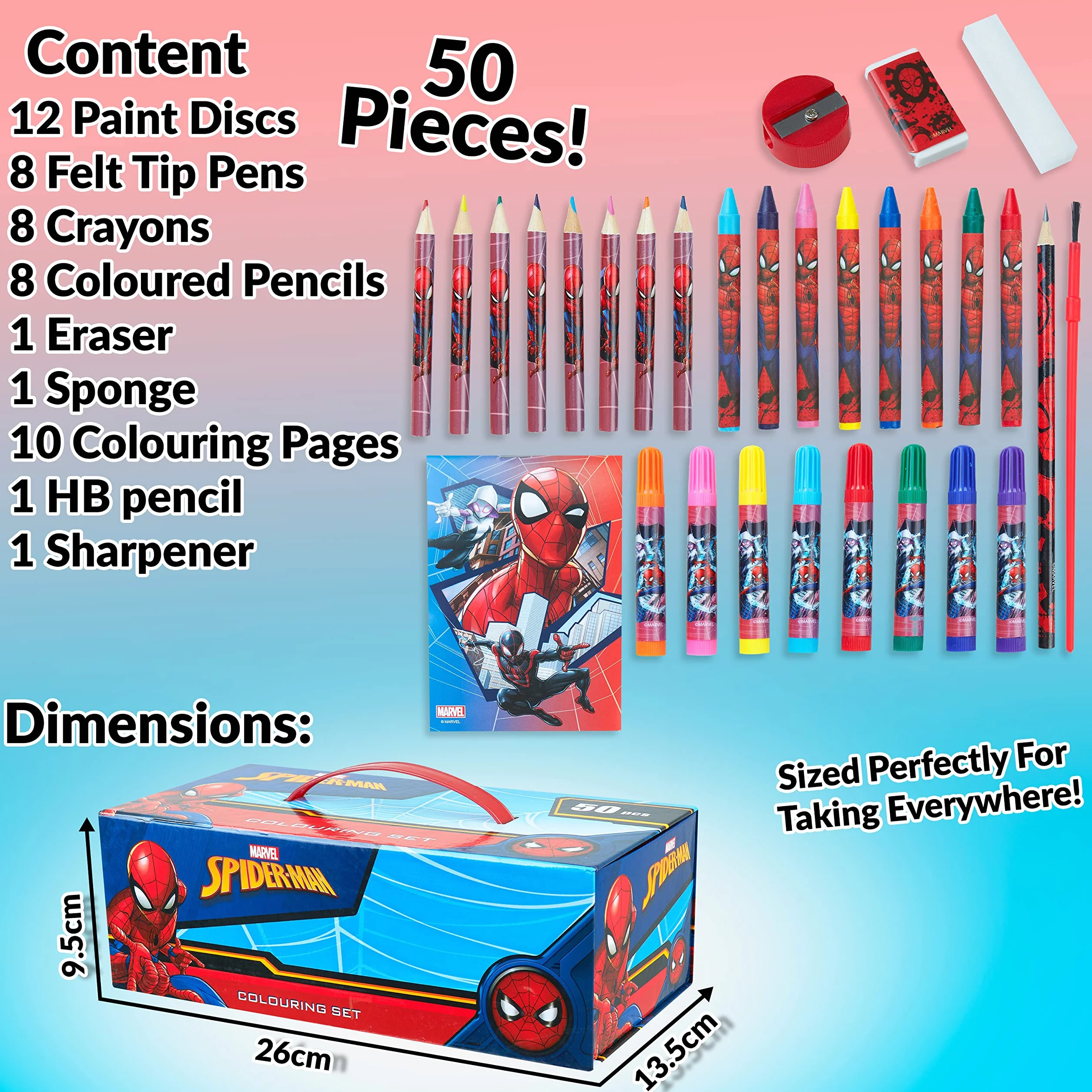 Marvel Etui artystyczne dla dzieci z kolorowymi ołówkami, markery, kredki, akwarele, materiały do rysowania, podróżny zestaw artystyczny, prezenty dla dzieci (wielokolorowy Spiderman)