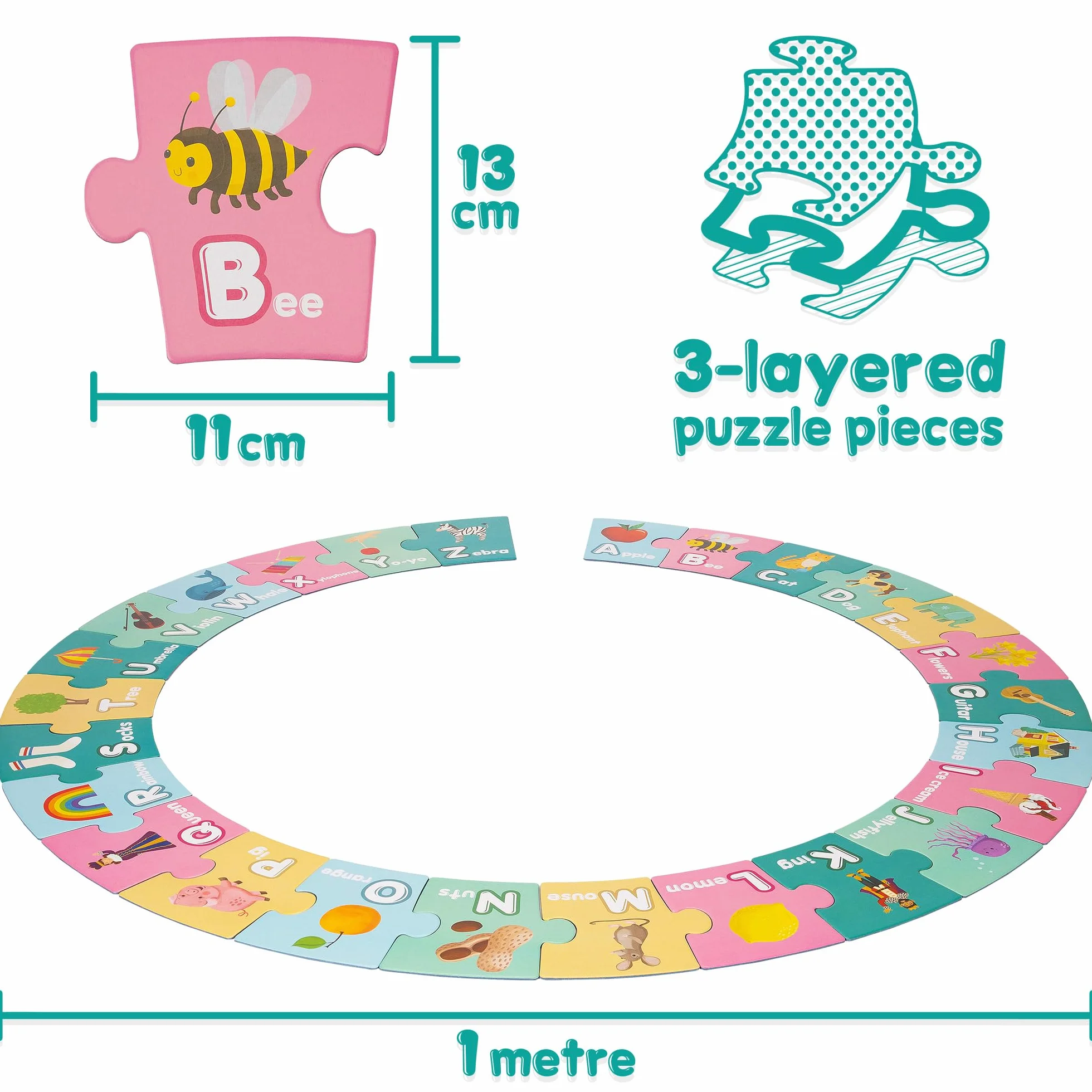 boppi Puzzle z alfabetem - wczesny rozwój umiejętności czytania i pisania dla dzieci w wieku od 3 lat - 26 sztuk puzzli Montessori dla maluchów / karty Flash ABC