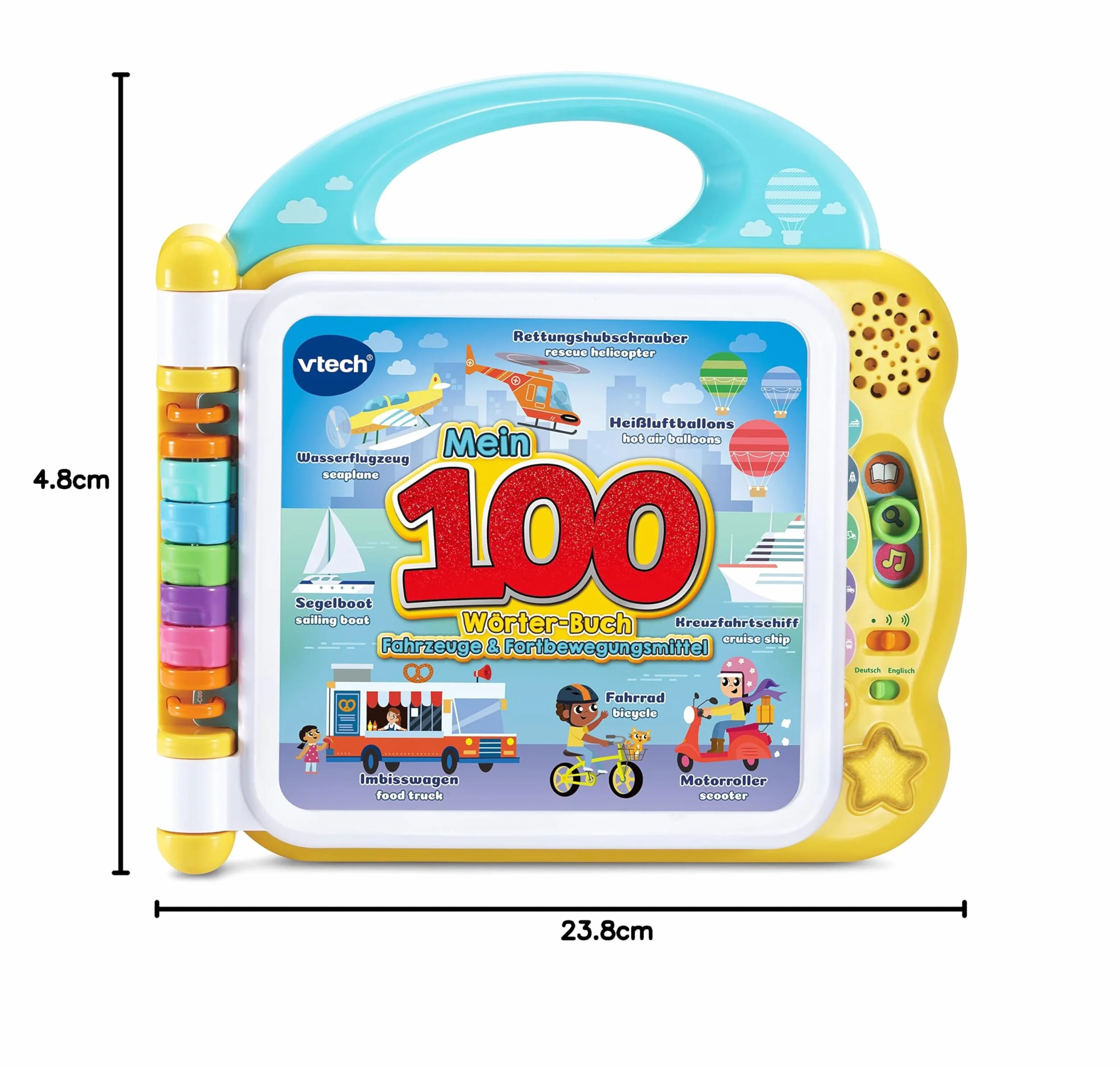 Vtech Baby Mein książka z 100 słowami: pojazdy i środki ruchu – interaktywna książka z ponad 100 słowami na 12 dwustronnych stronach (niemiecki i angielski) – dla dzieci w wieku 2-5 lat